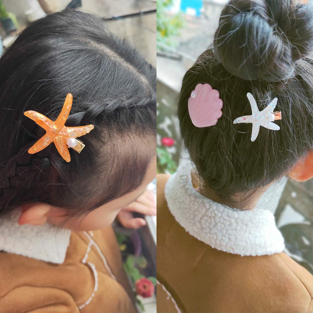 4 Packs Shell Pearl Starfish Hair Clips Set - Fashion Sweet Beach Hair Accessories for Women, Acrylic Resin Alligator Clips with Faux Pearl Inlay - Perfect for Summer Vacations, Beach Weddings & Boho Styling