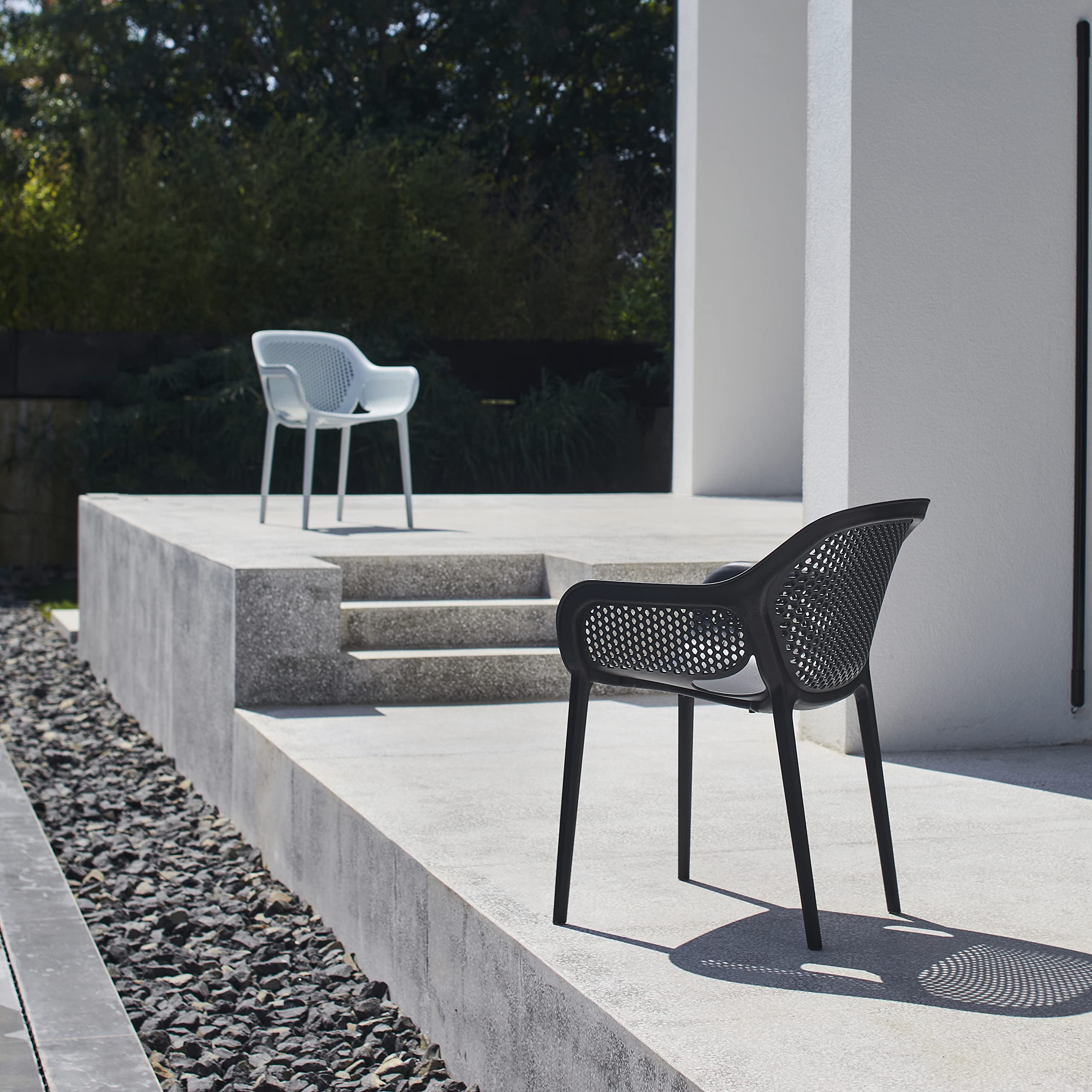 Modern Stackable Patio Dining Chairs (Set of 2) - Indoor/Outdoor Arm Chairs in Anthracite Black - Perfect for Backyard, Garden, Poolside & Dining Room Decor