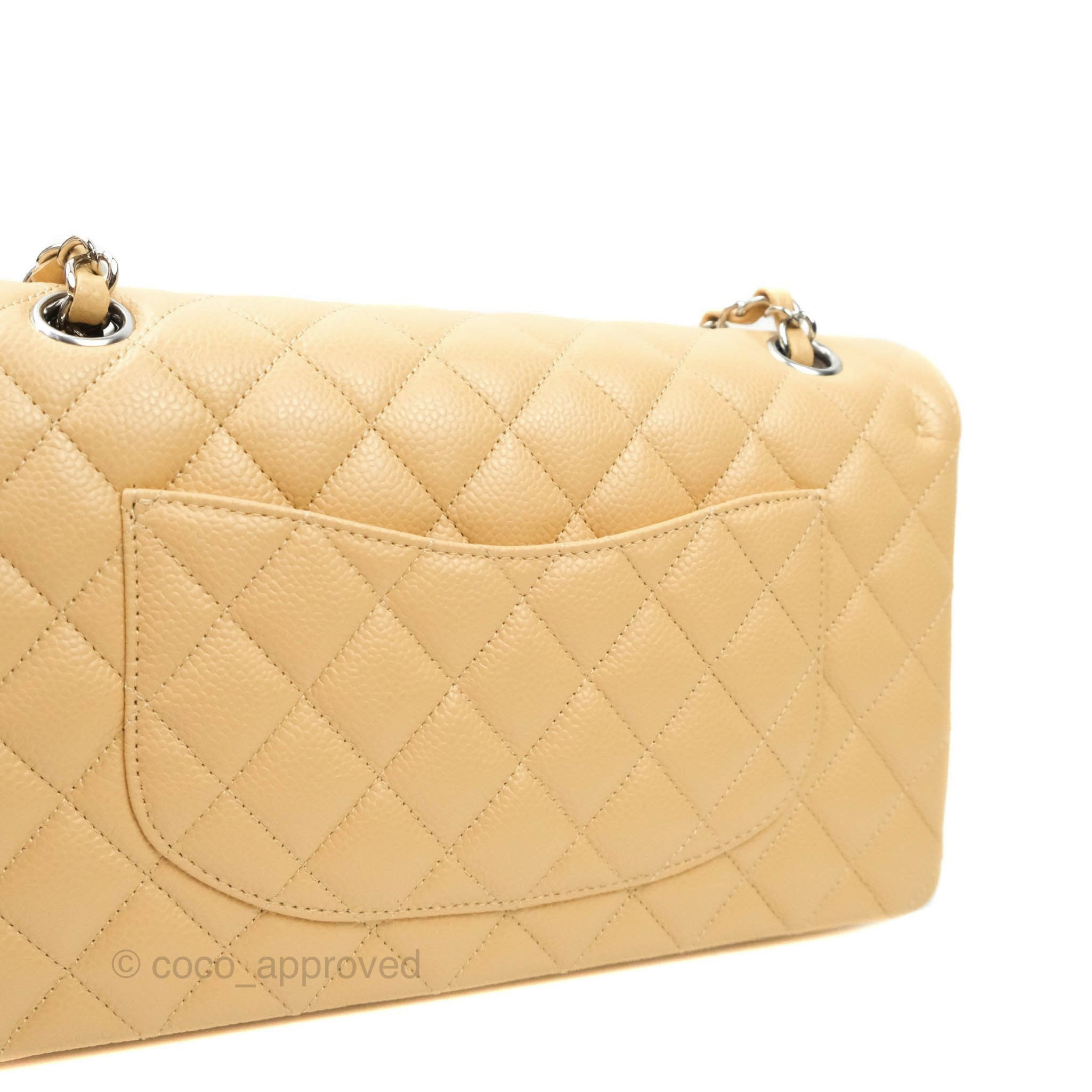 Chanel Classic M/L Medium Double Flap Bag in Beige Caviar Leather with Silver Hardware - Luxury Handbag for Women, Perfect for Work, Parties & Everyday Use