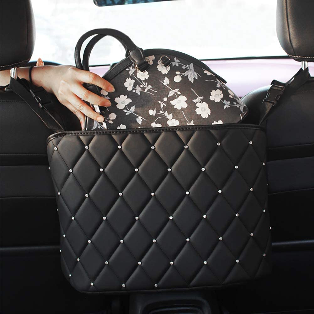 3-Pack Rhinestone Bling Car Handbag Holder & Backseat Organizer - PU Leather Storage Net Pocket Between Seats, Auto Seat Storage Bag with Trash Can - Perfect for Road Trips, Shopping & Daily Commute (Black)