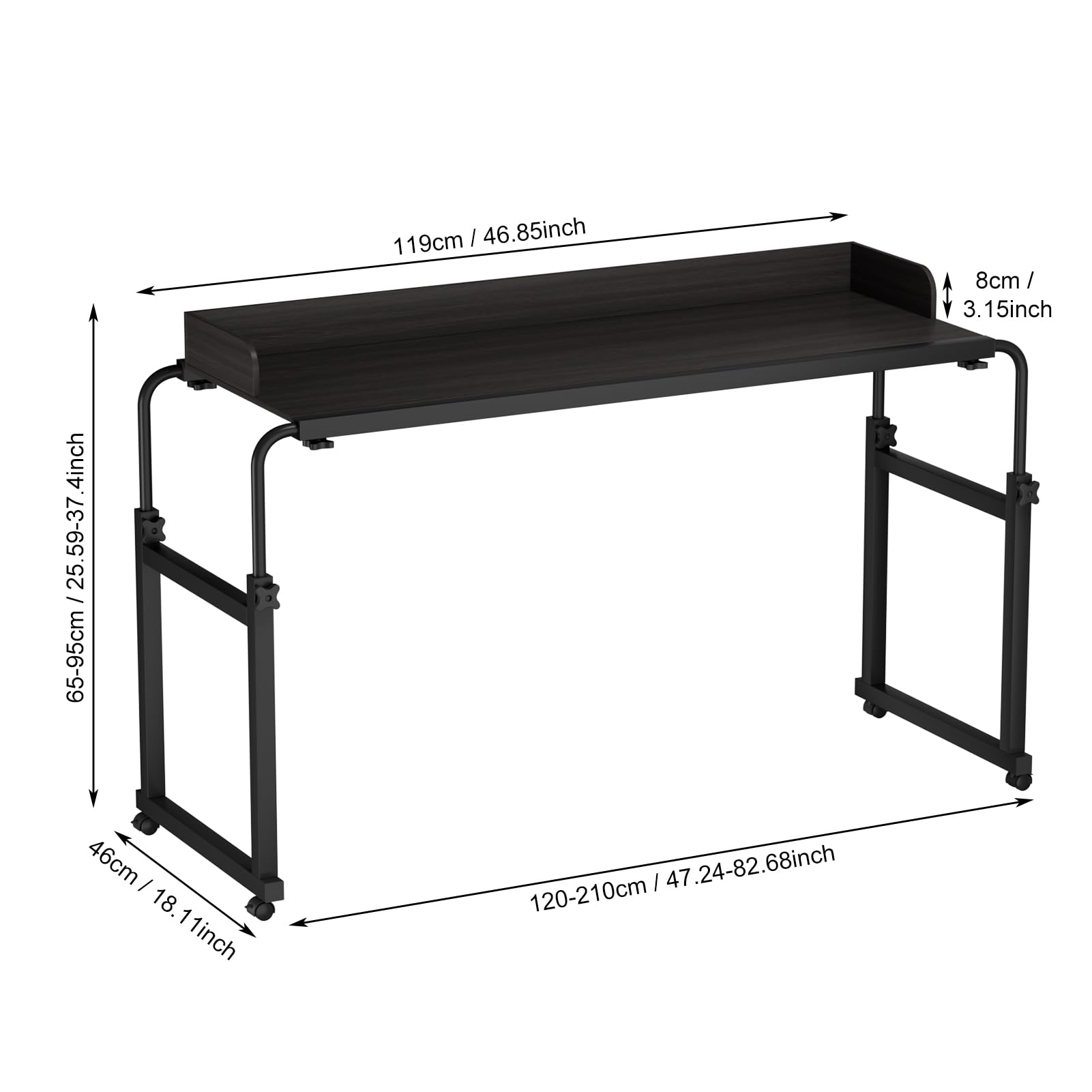 Adjustable Over Bed Table with Wheels - Rolling Laptop Cart & Standing Workstation for Home Office, Bedroom & Hospital Use - Sturdy Metal Legs Tray Table in Matte Black - Perfect for Eating, Working & Patient Care