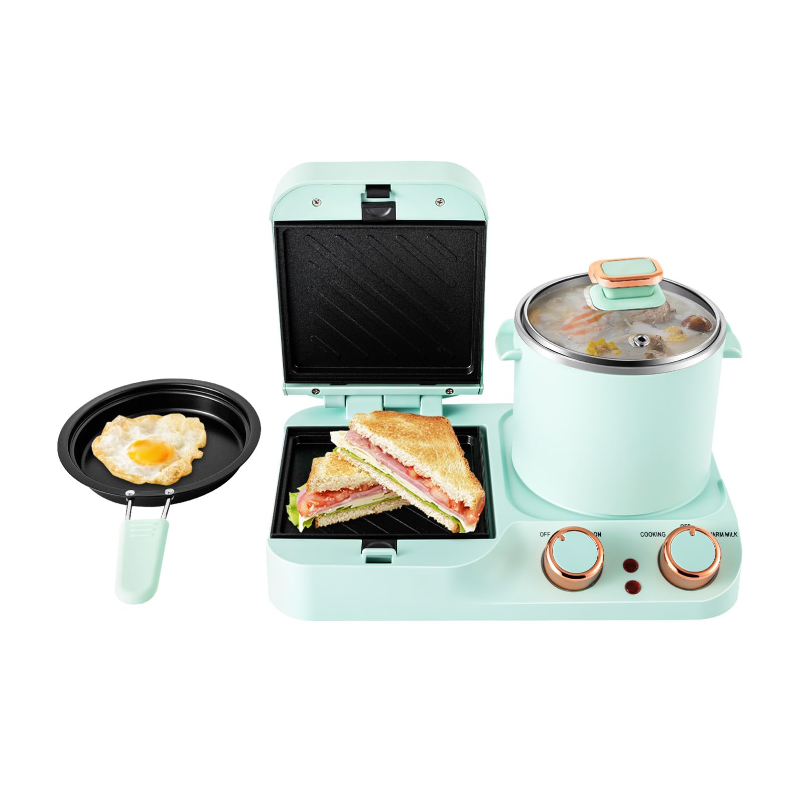 3-in-1 Breakfast Sandwich Maker with Soup Pot & Frying Pan - Electric Hot Dog Bun Toaster for Sandwiches, Pasta & Soup - Perfect for Quick Breakfasts, Office Lunches & Family Meals (110V)