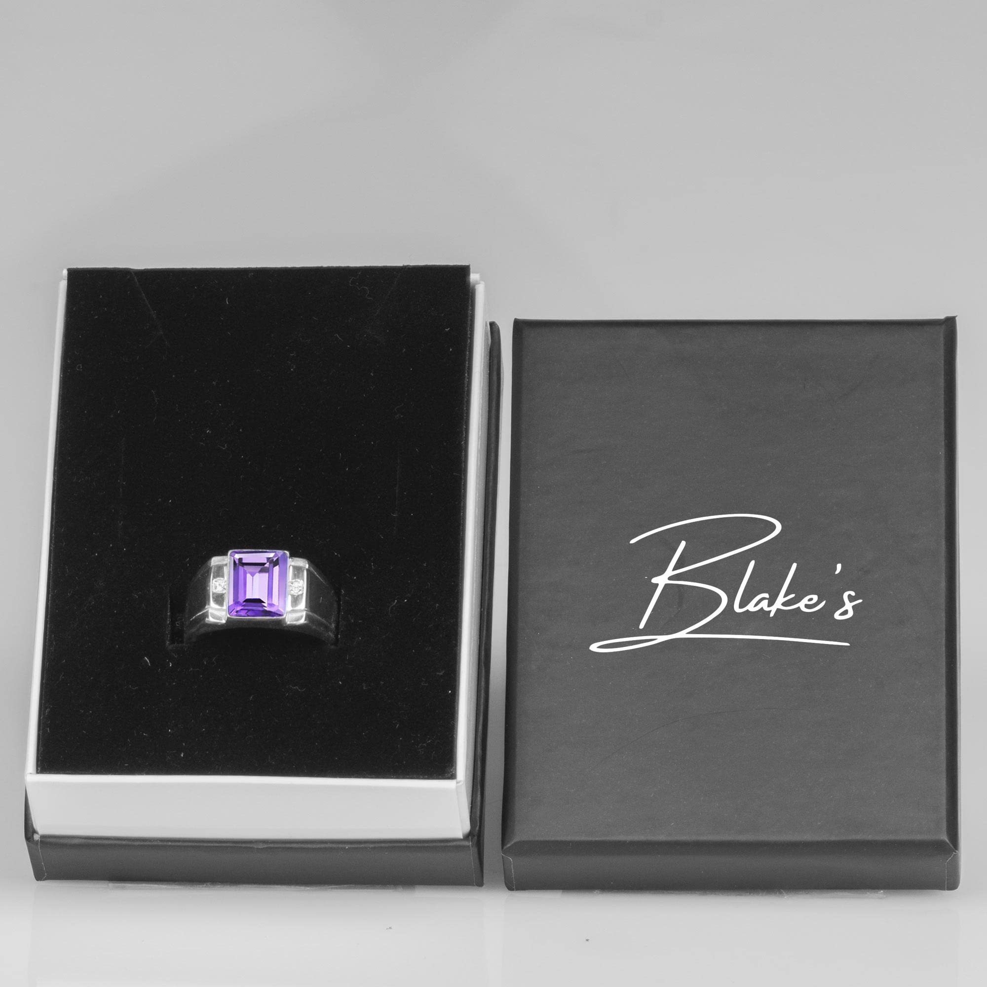 Blake's Sterling Silver Men's Ring with 2 Diamonds & Baguette Sapphire/Emerald/Ruby/Citrine/Amethyst/Topaz Options - Size 5-15 - Luxury Men's Jewelry Gift for Anniversary, Wedding, Birthday - Perfect for Formal Events & Everyday Wear
