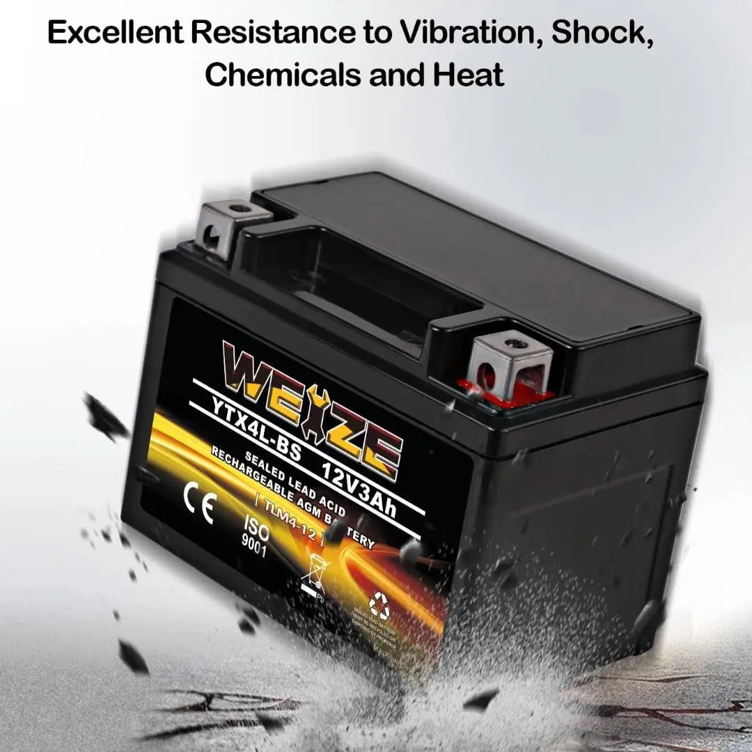 WEIZE YTX4L-BS 12V 3Ah High Performance AGM Sealed Motorcycle Battery - Compatible with Polaris Scrambler, Sportsman 90, Honda NQ50 Spree, Kawasaki 110, Can-Am DS70, Yamaha TTR125E/LE - Perfect for ATVs, Scooters & Dirt Bikes - Maintenance-Free & Long-Lasting Power Solution