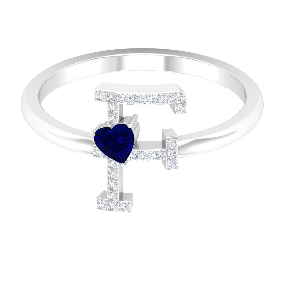 Blue Sapphire & Diamond Rings | A-Z Initial Diamond Rings for Women | 14K White Gold Alphabet Rings | Personalized Heart Initial Jewelry | Perfect for Engagements, Anniversaries & Gifts