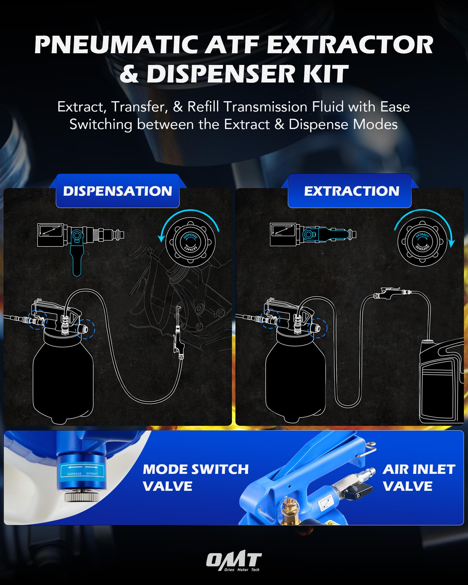 Orion Motor Tech 10L Pneumatic Oil Extractor Pump & Dispenser Kit - 2.6gal 2-Way Vacuum Fluid Evacuator with 15 ATF Adapters & 3 Hoses - Perfect for Transmission Fluid Change, DIY Car Maintenance & Garage Use