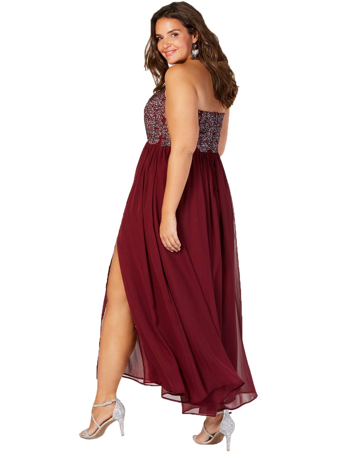 Elegant Plus Size Caviar Beaded Strapless Evening Gown - Burgundy Size 20 | Formal Dresses for Women | Perfect for Prom, Wedding Guest & Black Tie Events