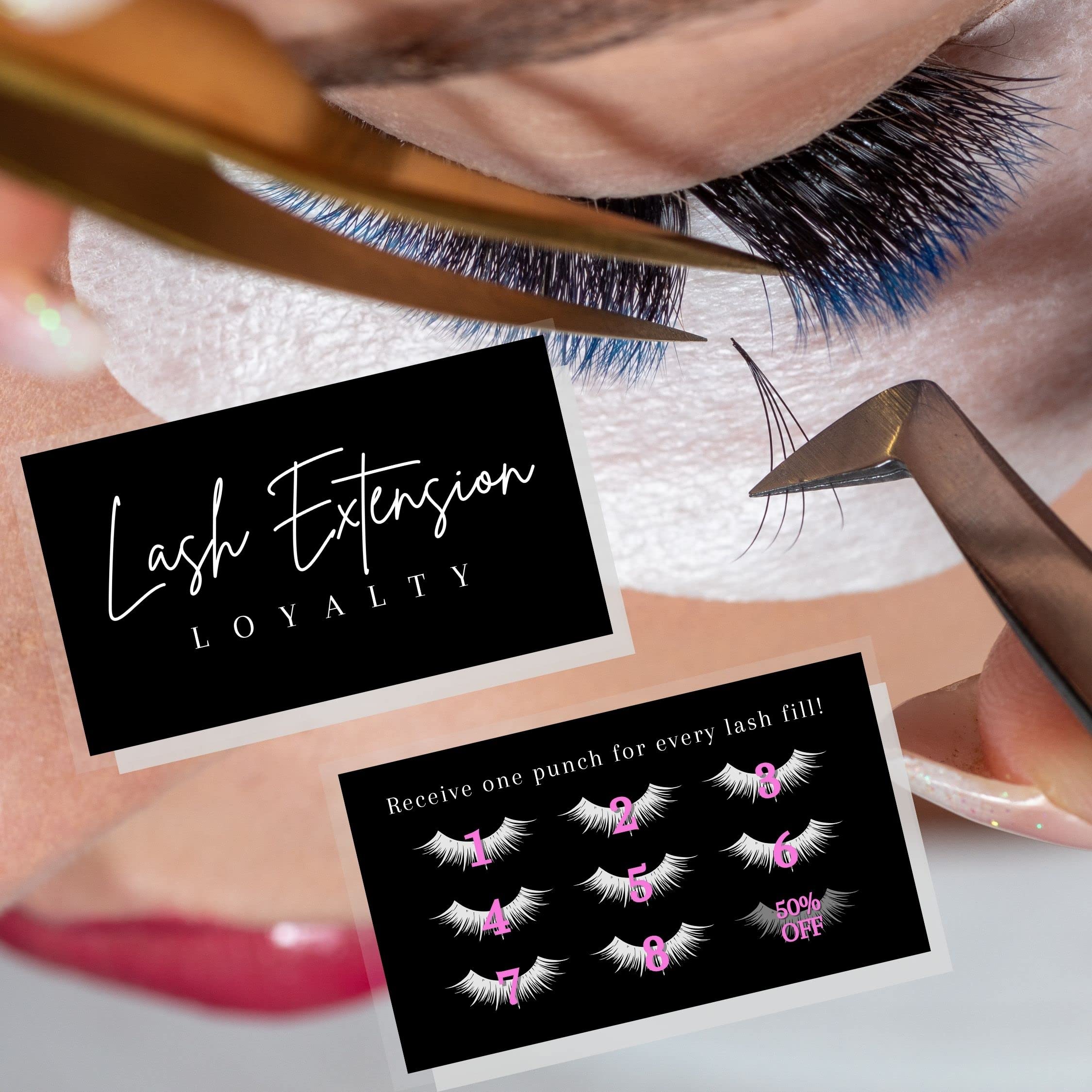 50 Pack Lash Extension Loyalty Punch Cards | 2x3.5 Inch Eyelash Aftercare Cards | Minimalist Black & White Thank You Cards for Lash Artists | Matches Intake Forms & Symbols | Perfect for Client Retention & Salon Marketing