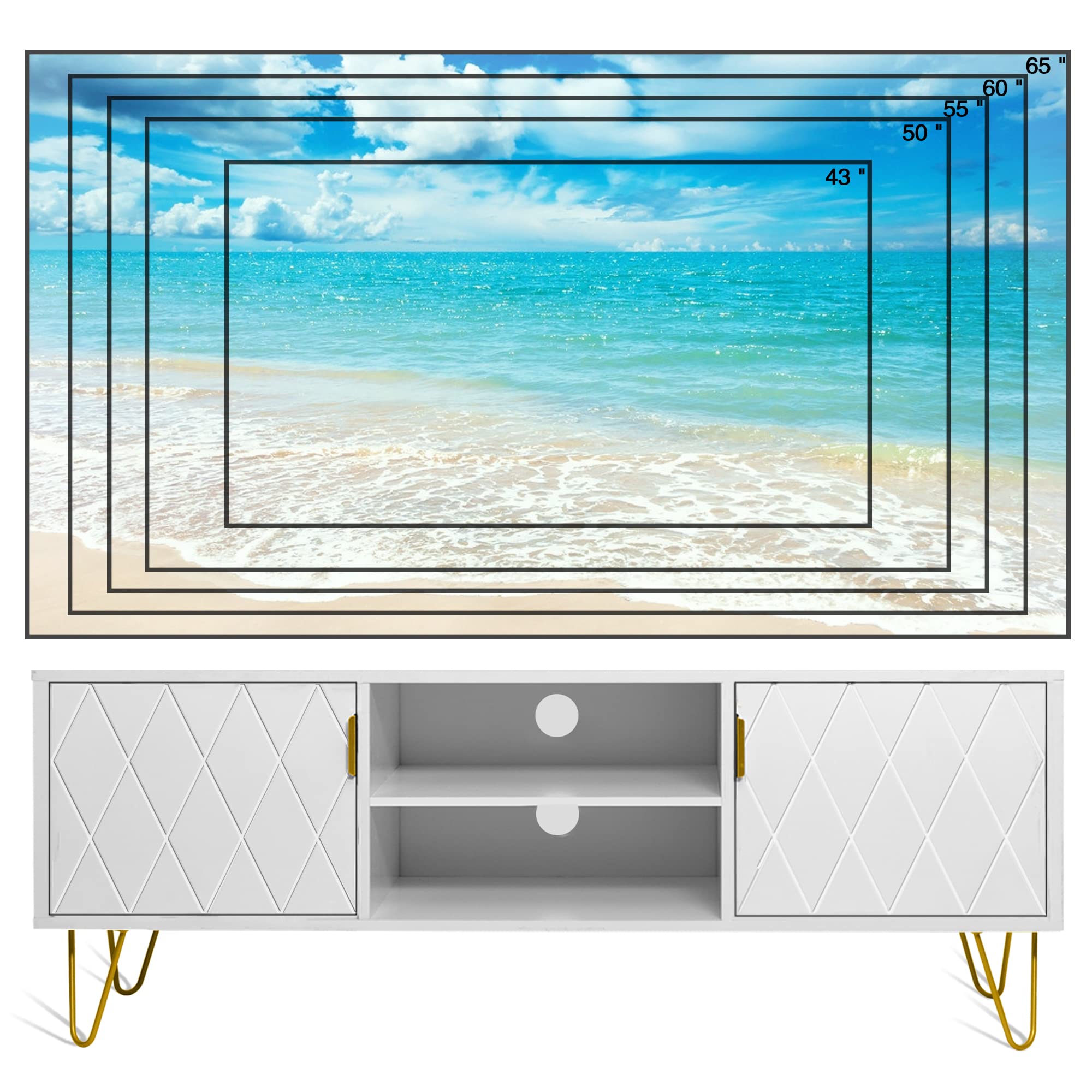 Anbuy White Wooden TV Stand for Bedroom & Living Room - 55 inch to 65 inch Entertainment Center with 2 Storage Cabinets & Shelves, Media Console Cabinet for Flat Screen TVs - Perfect for Home Theater Setup & Living Room Decor (White)