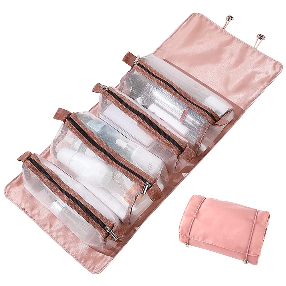 Clear Travel Toiletry Bag for Women - Waterproof Hanging Cosmetic Organizer with Detachable Pouch, Portable Makeup Bag for Daily Use & Travel - Pink | Perfect for Gym, Vacation & Business Trips
