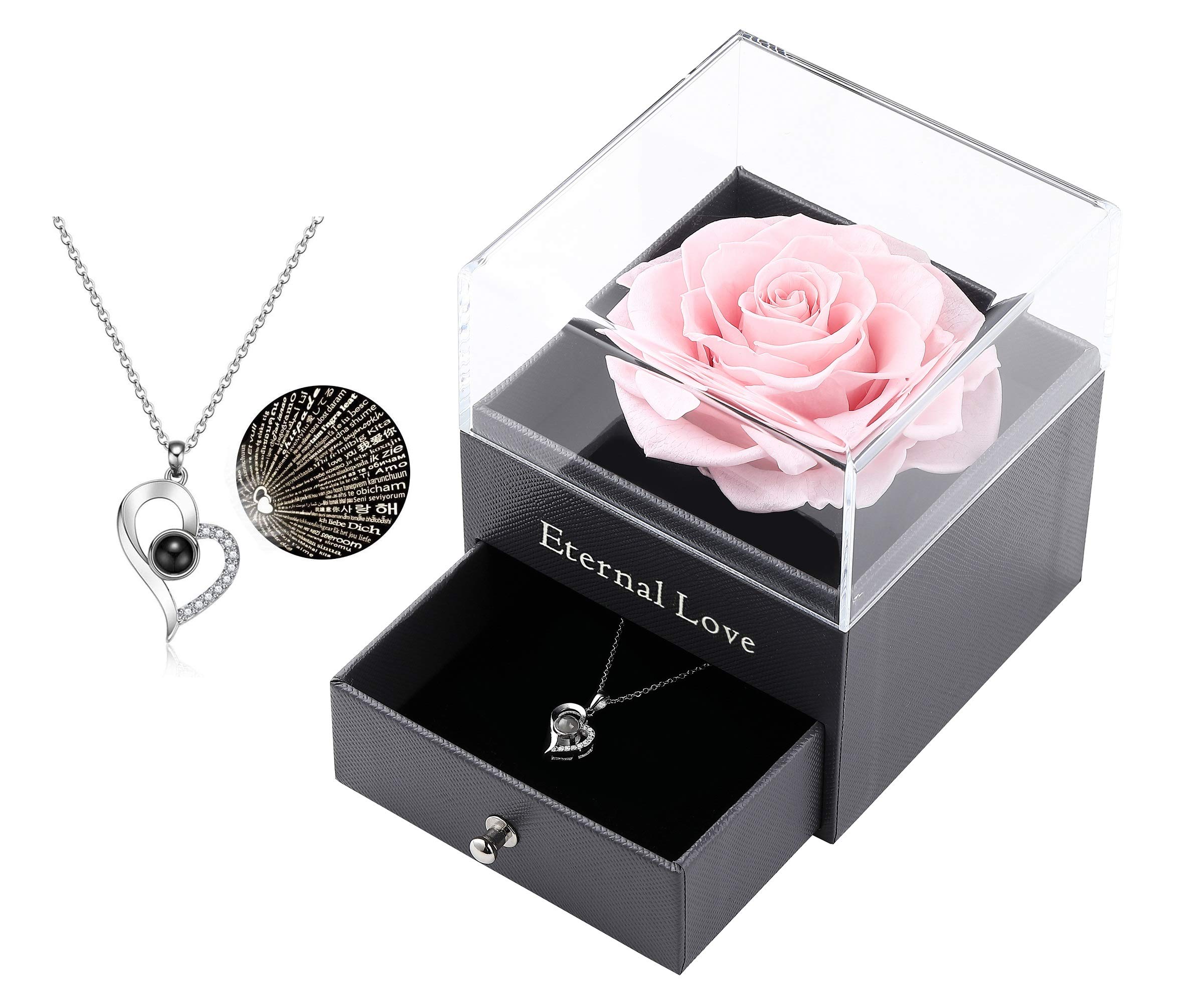 Handmade Preserved Pink Rose Drawer with Silver-Tone Heart Necklace - Romantic Valentine's Day & Mother's Day Gift for Her - Perfect for Anniversaries, Birthdays & Special Occasions