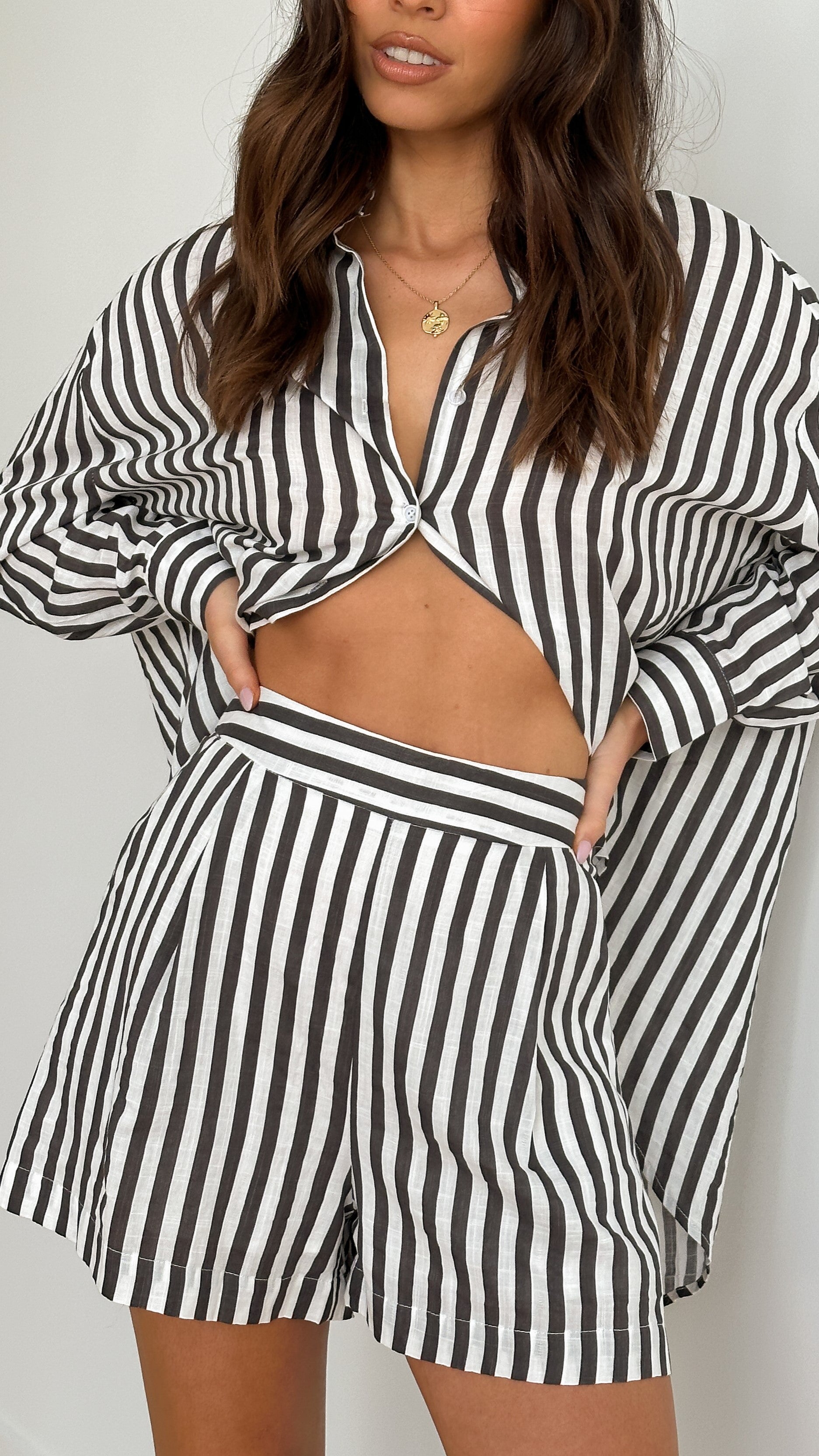 Laolani Women's Casual Shorts - Charcoal & White Striped for Summer, Beach, and Outdoor Activities