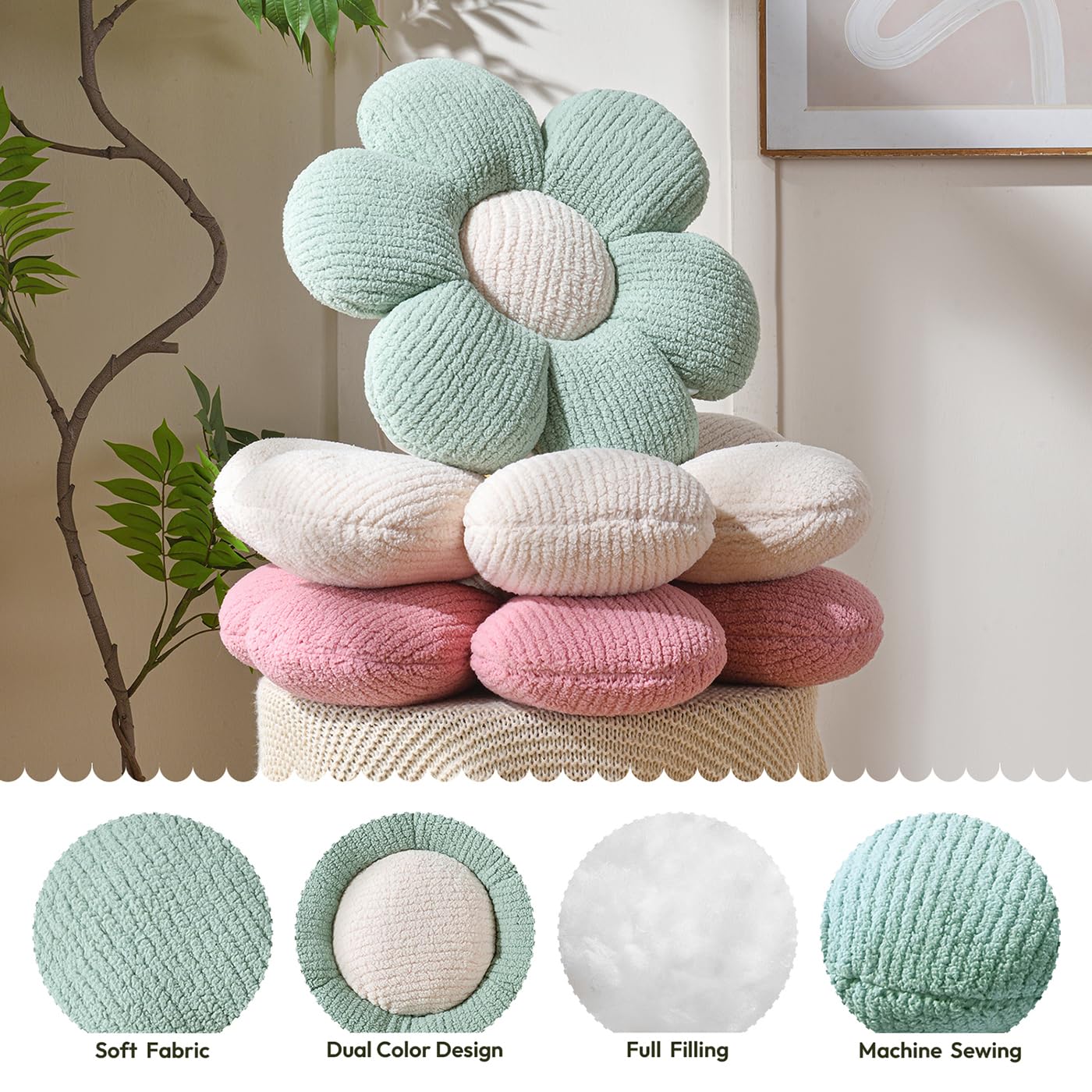 SIOLOC Aesthetic Flower Pillow - Decorative Throw Pillow for Bed, Couch & Floor (Sage Green, 15.7