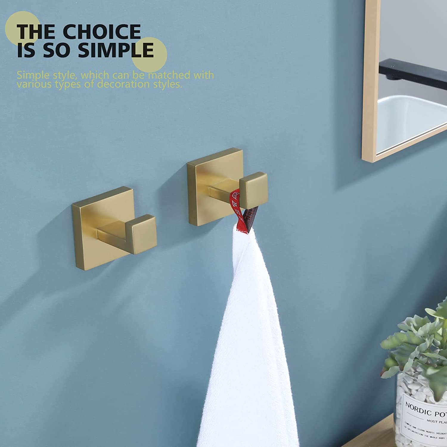 4 Pack Gold Square Towel Hooks - SUS304 Stainless Steel Heavy Duty Wall Mount Hooks for Bathroom, Kitchen & Entryway - Perfect for Hanging Towels, Robes, Coats & Sponges - Rustproof & Durable Bathroom Organization Solution