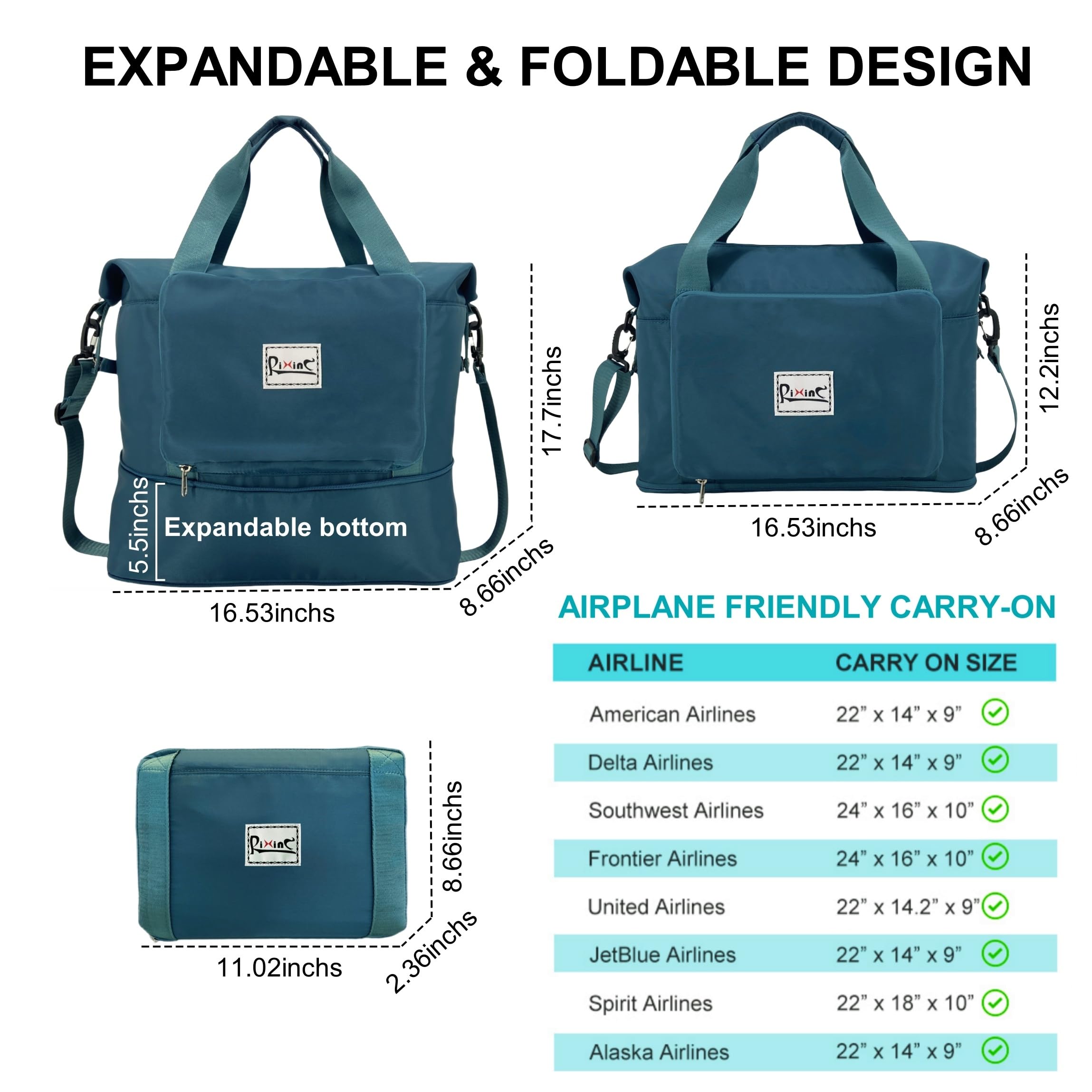 Foldable Travel Duffel Bag for Women - Waterproof Expandable Gym Tote & Weekender Overnight Bag with Detachable Shoulder Strap & Wet Compartment - Perfect for Sports, Gym, Travel & Weekend Getaways (Peacock Blue)