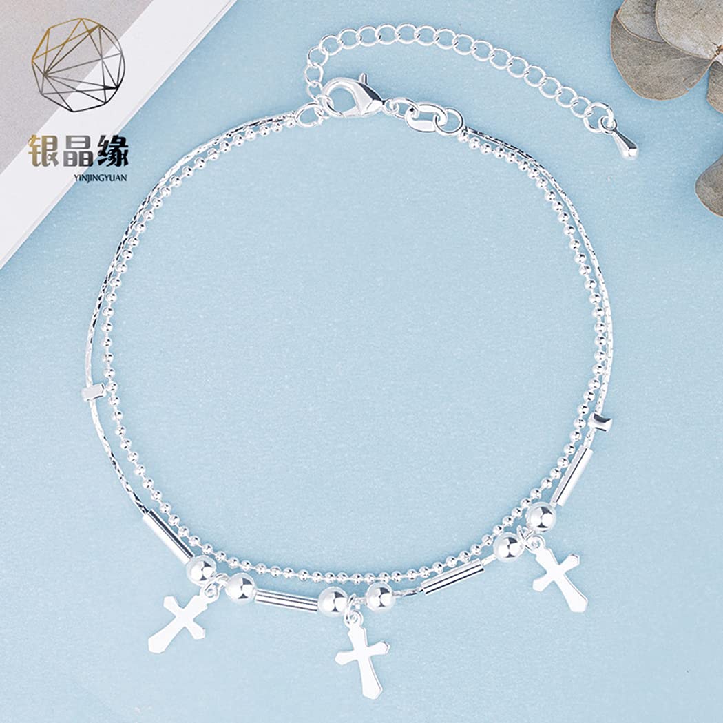 Chereda 925 Sterling Silver Geometric Cross Bead Double Layer Anklet for Women - Elegant Foot Jewelry for Beach, Party, Birthday Gifts & Everyday Wear