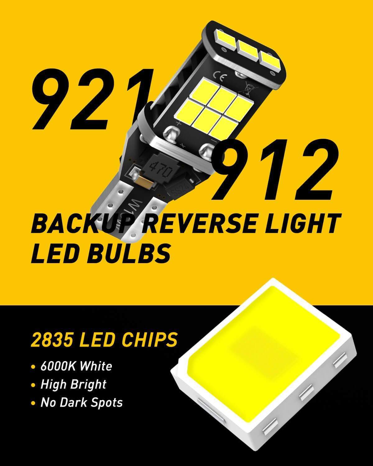 921 LED Bulb - High Power 2835 15 SMD Chipsets for Backup Light & Reverse Lights, Error Free T15 906 922 W16W Bulbs, 6000K White - Perfect for Trucks, SUVs, and Cars in Low Light Conditions