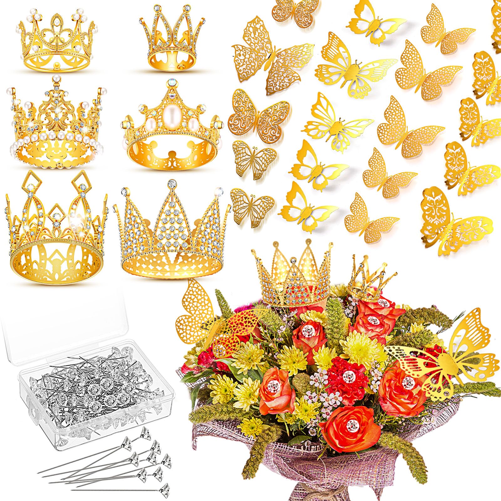 Estune 202-Piece Floral Bouquet Accessory Kit - 6 Mini Gold Crowns, 96 3D Gold Butterflies & 100 Diamond Flower Pins for Wedding, Birthday Party & Cake Decorations | DIY Floral Arrangement Supplies for Centerpieces, Gift Wrapping & Craft Projects