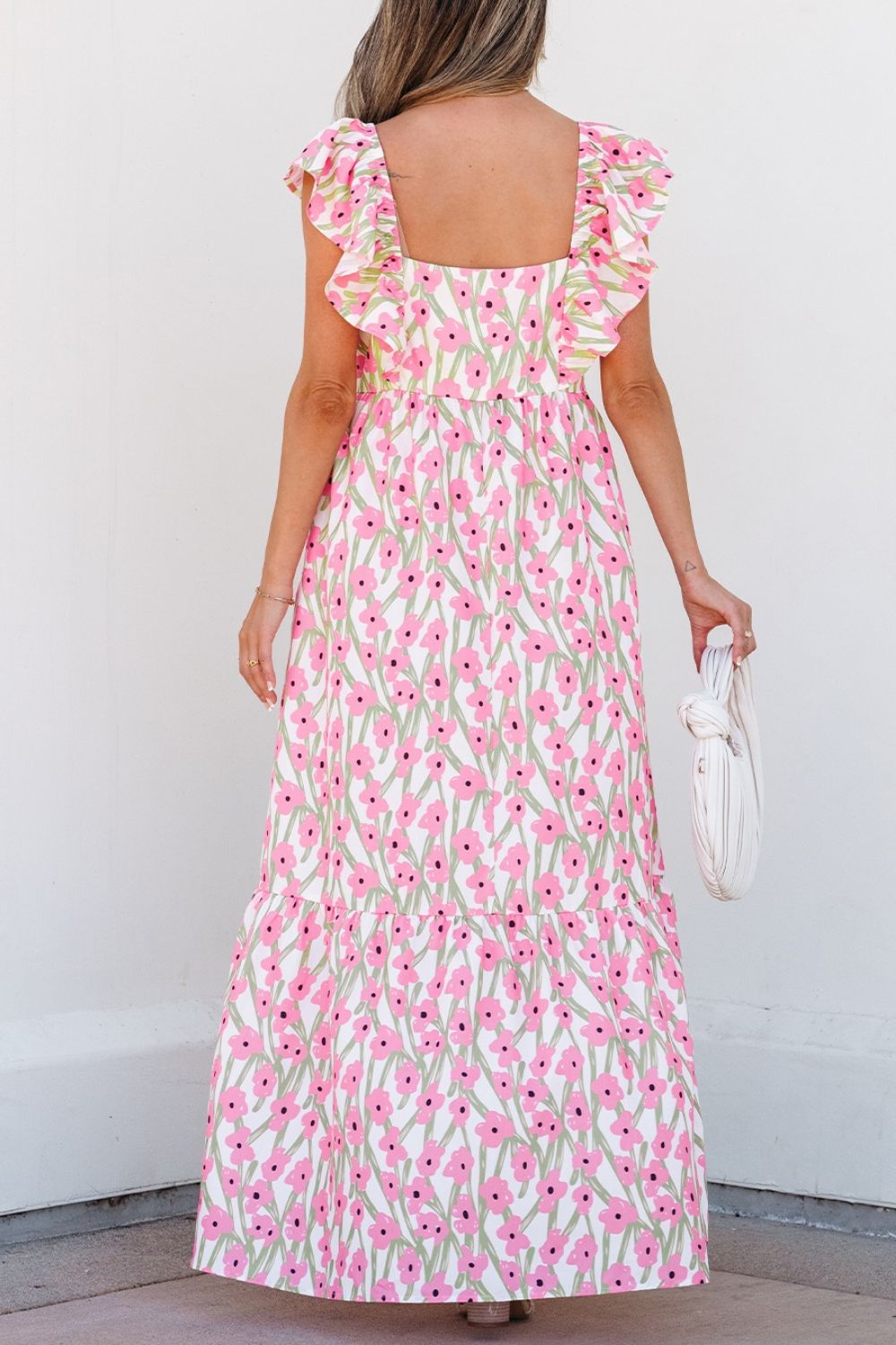 Elegant Pink Ruffled Cap Sleeve Maxi Dress for Women | Summer Beach Wedding Guest Dress | Flowy Boho Chic Long Dress for Vacations & Parties