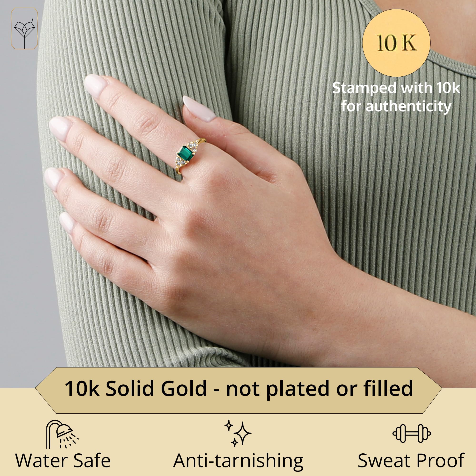 10K Gold Emerald Cut Birthstone Ring for Women - Durable Anti-Tarnish Cocktail Ring | Anniversary Gift, Mother's Day Jewelry | Size 5-9 with Elegant Gift Box | Perfect for Weddings, Parties & Special Occasions