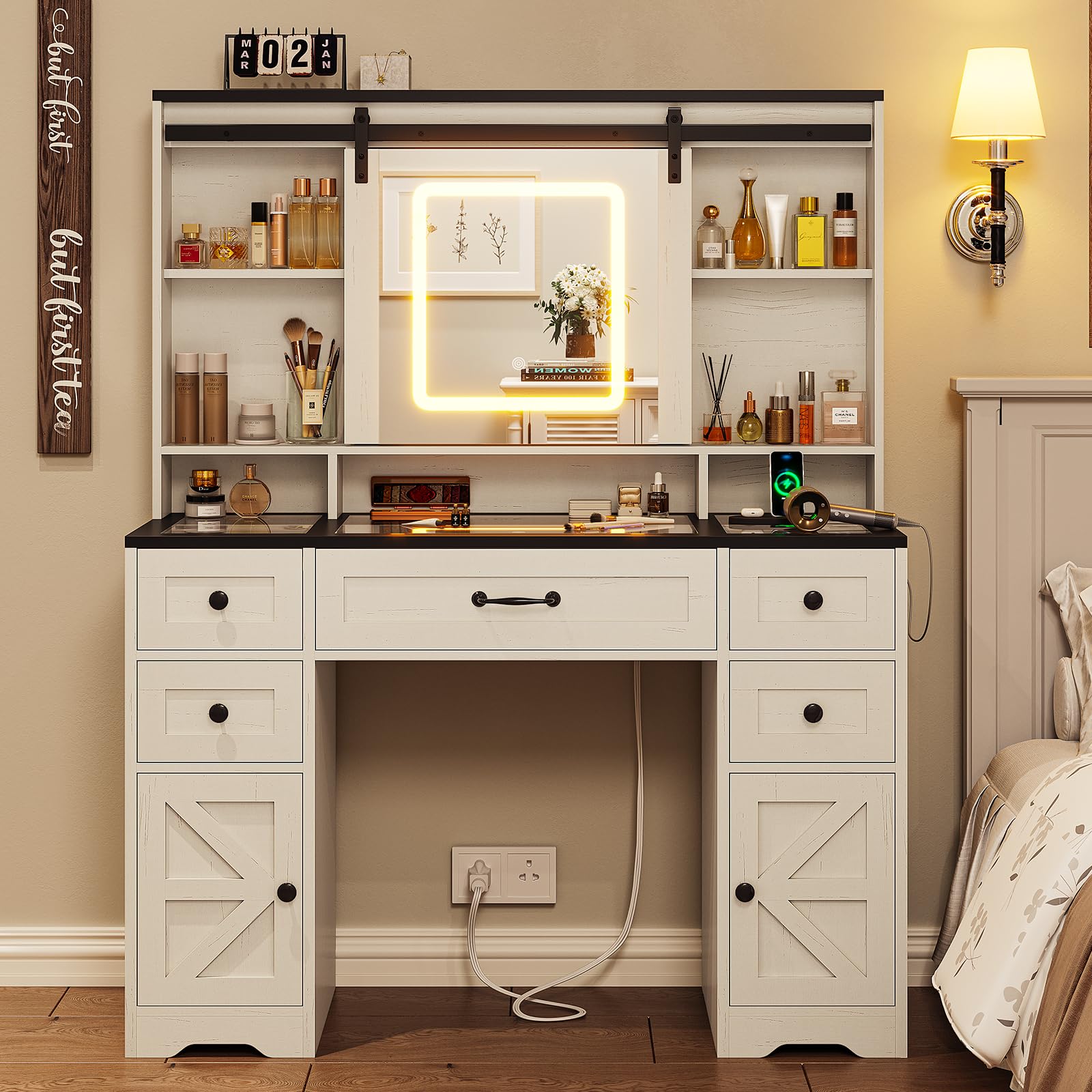 Farmhouse Vanity Desk with Sliding Mirror & LED Lights - Large Makeup Vanity with Glass Top, USB Charging Station, 5 Drawers & Storage Shelves - Antique White Finish - Perfect for Bedroom, Dressing Room & Home Beauty Station