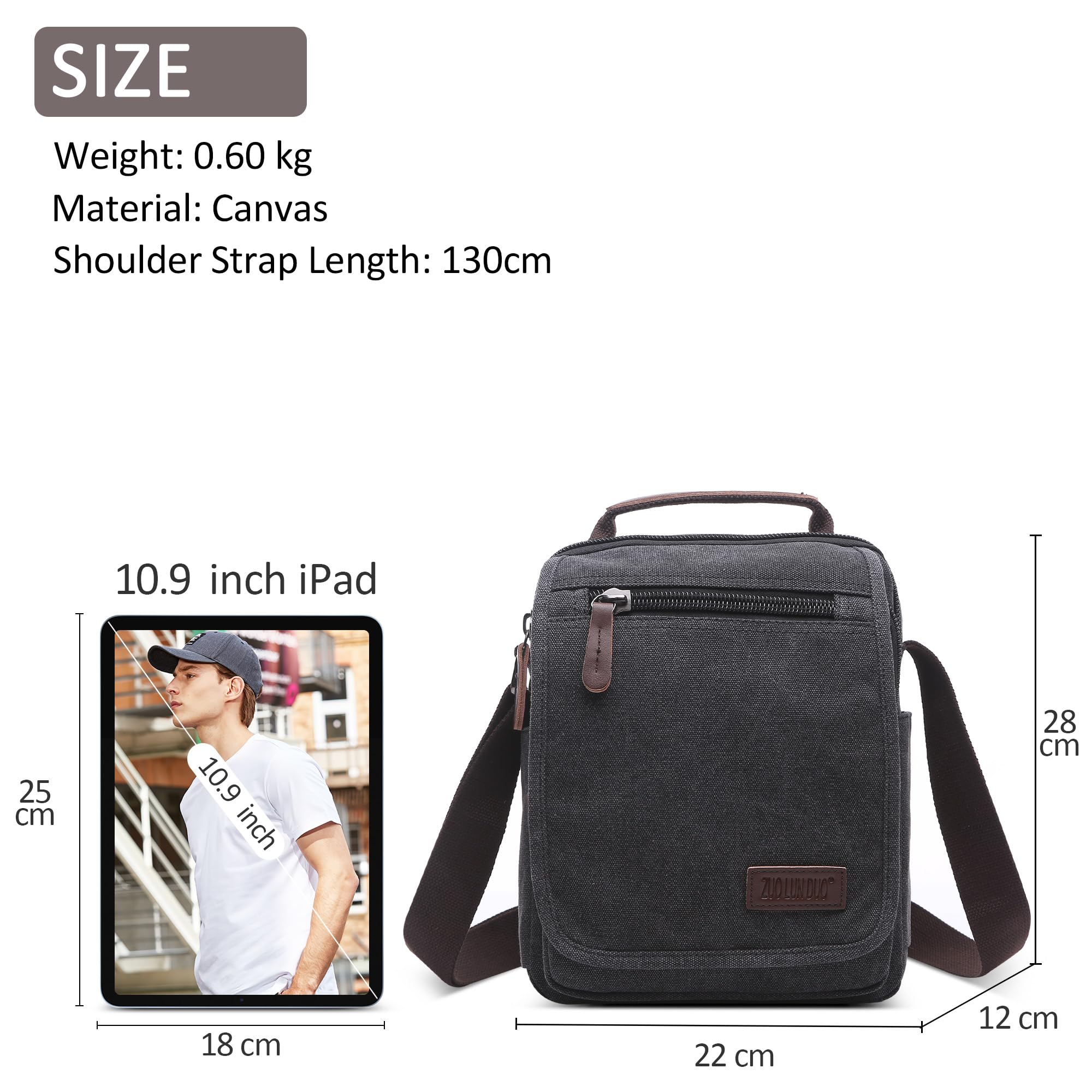 Vintage Canvas Messenger Bag for Men - DORRSO Crossbody Shoulder Bag with Handle & Multiple Pockets, Fits 10.9 Inch iPad - Perfect for Travel, Hiking, Camping & Daily Use (Black)