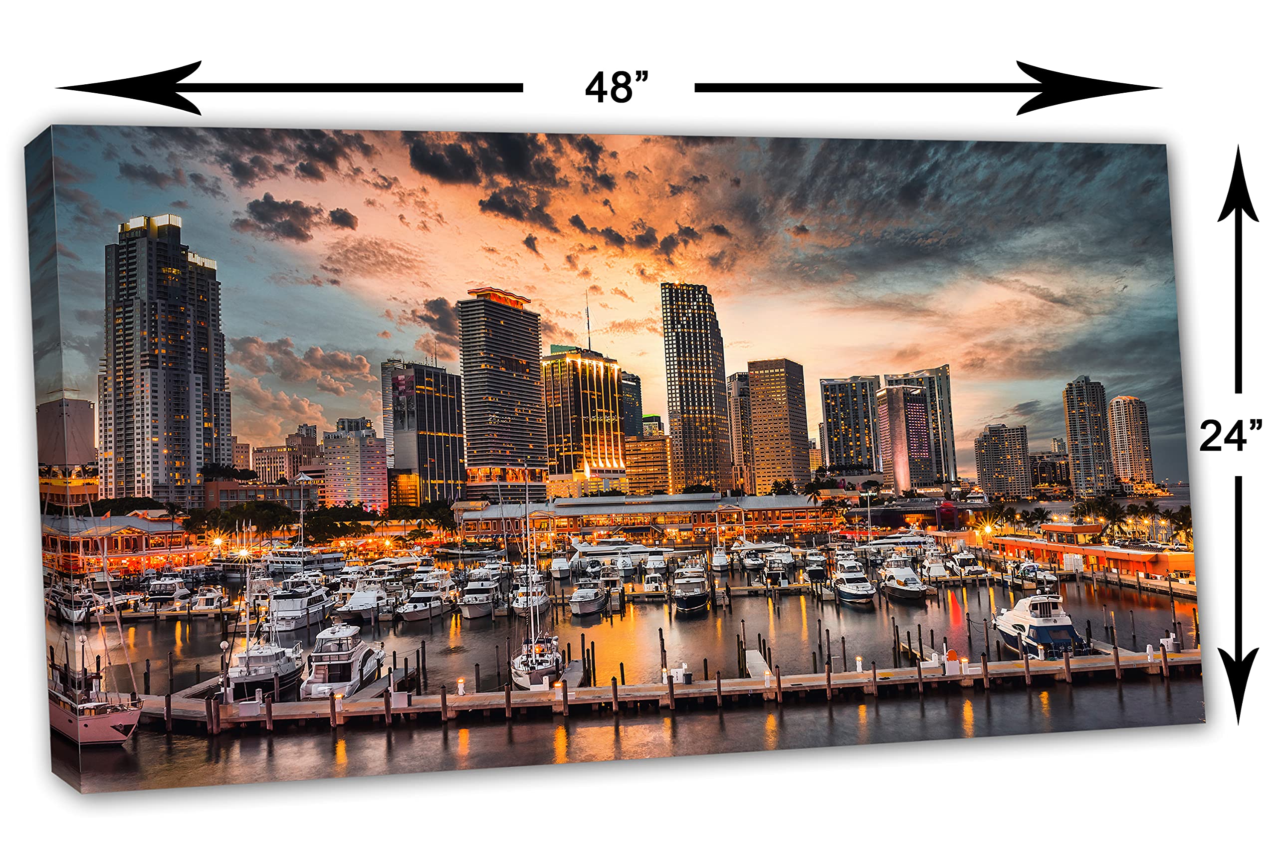 48x24 Miami Skyline Canvas Print - Stunning Glowing Sunset Panoramic Wall Art for Living Room, Bedroom & Office Decor