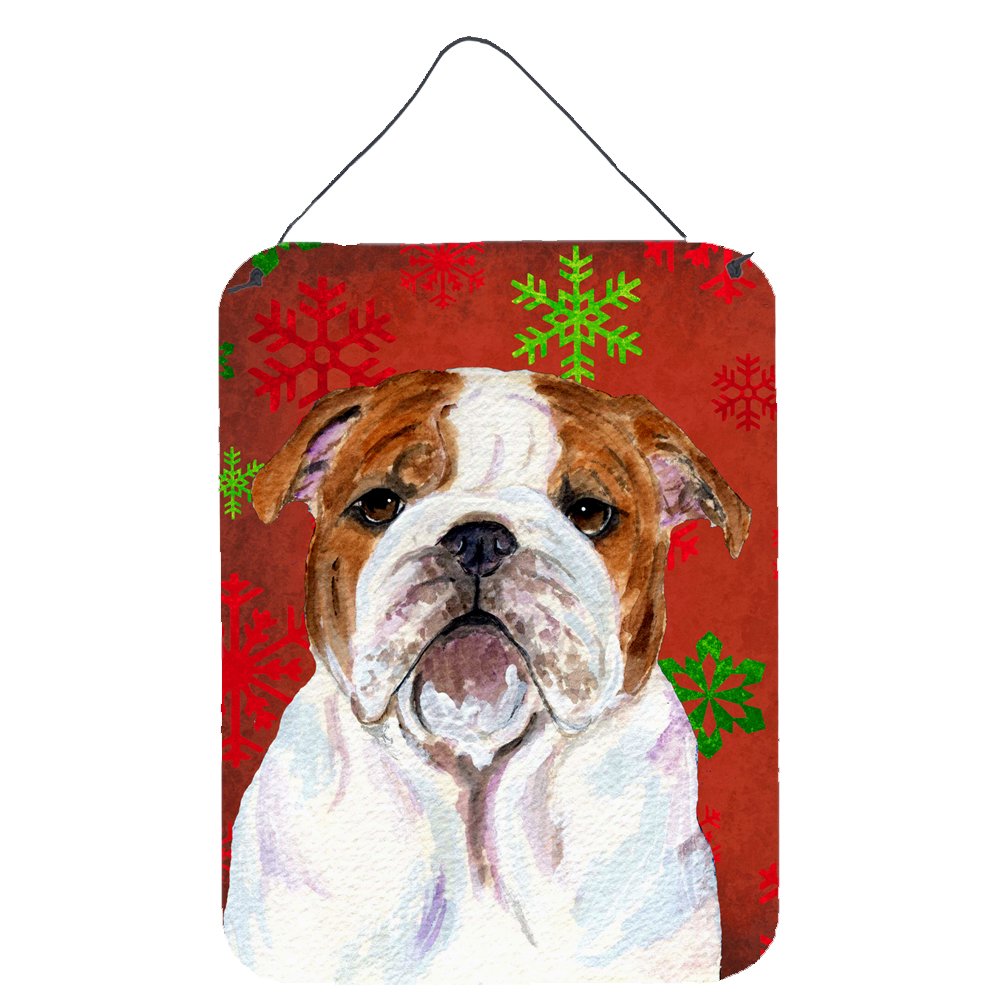 Caroline's Treasures Bulldog English Red and Green Snowflakes Holiday Christmas Metal Wall Decor - Aluminum Sign for Kitchen, Bar, Bathroom, Front Door - Perfect for Festive Home & Office Decor