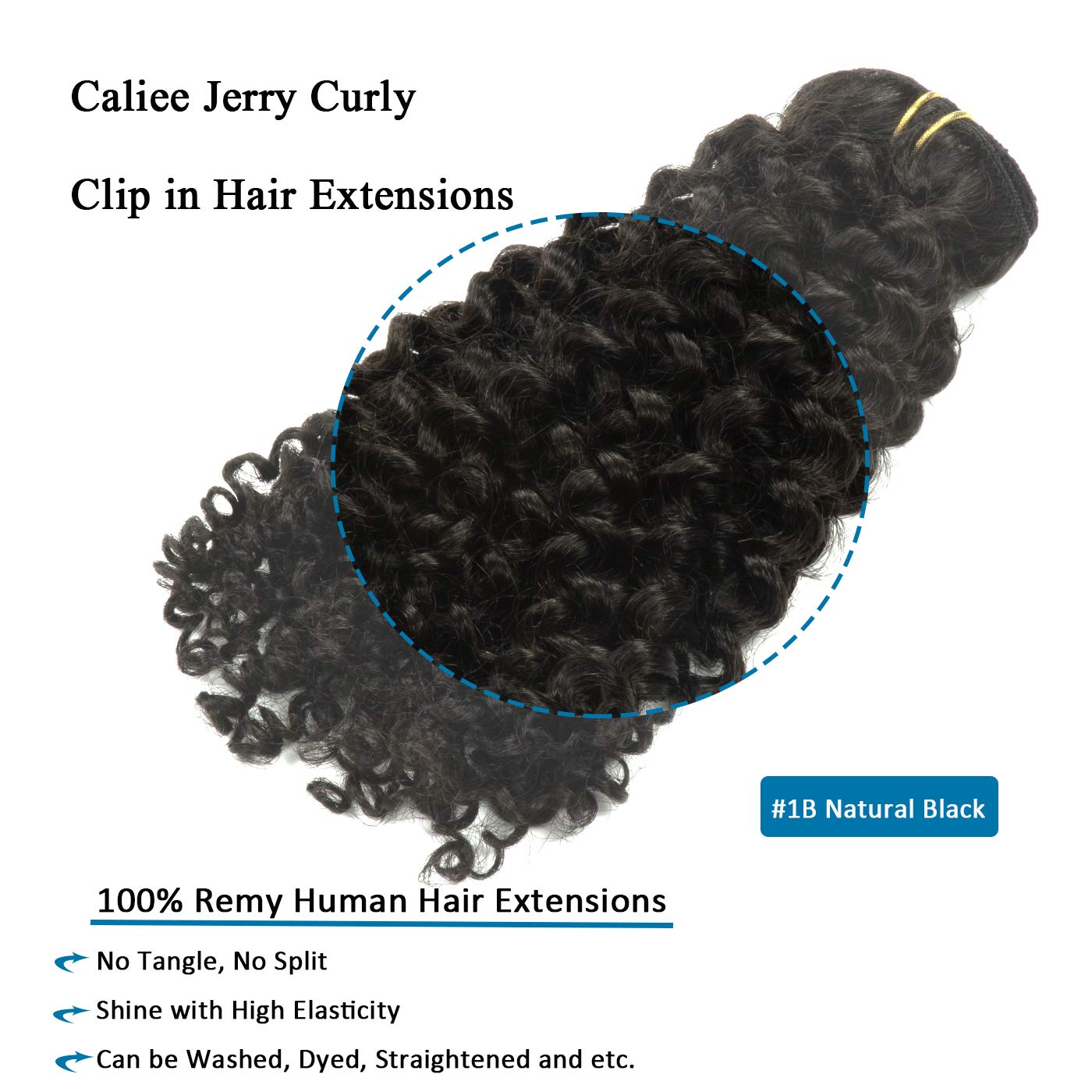 Caliee 16-Inch Jerry Curly Clip-In Human Hair Extensions - Natural Black 1B Remy Hair, Double Weft Thick Ends (7Pcs/17 Clips, 120g) for 3B/3C Curls | Perfect for Parties, Weddings & Daily Styling