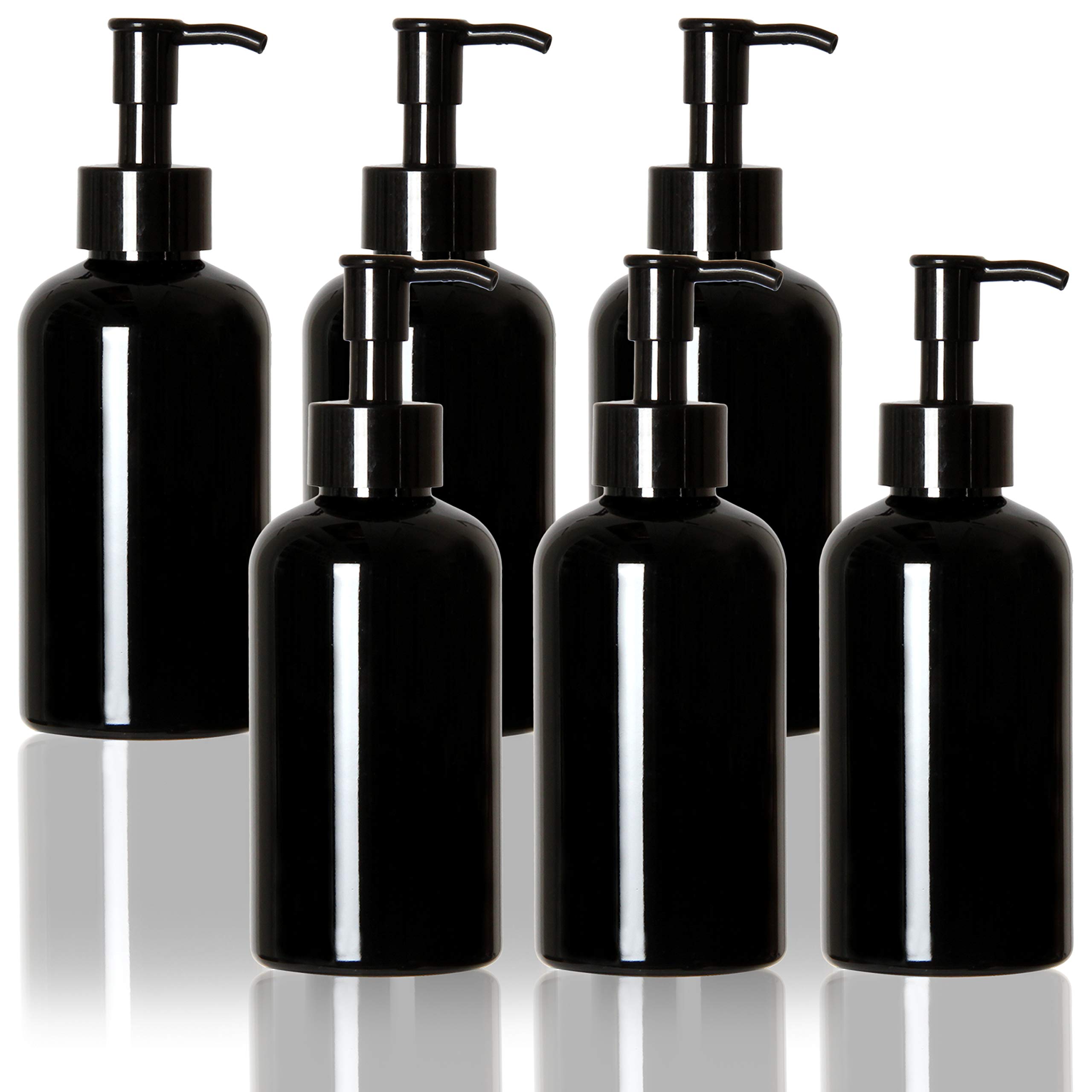 Youngever 6 Pack 8oz Plastic Pump Bottles with Travel Lock - Refillable Leak Proof Containers for Shampoo, Lotion & Liquid Soap - Perfect for Travel, Gym & Home Use (Black)