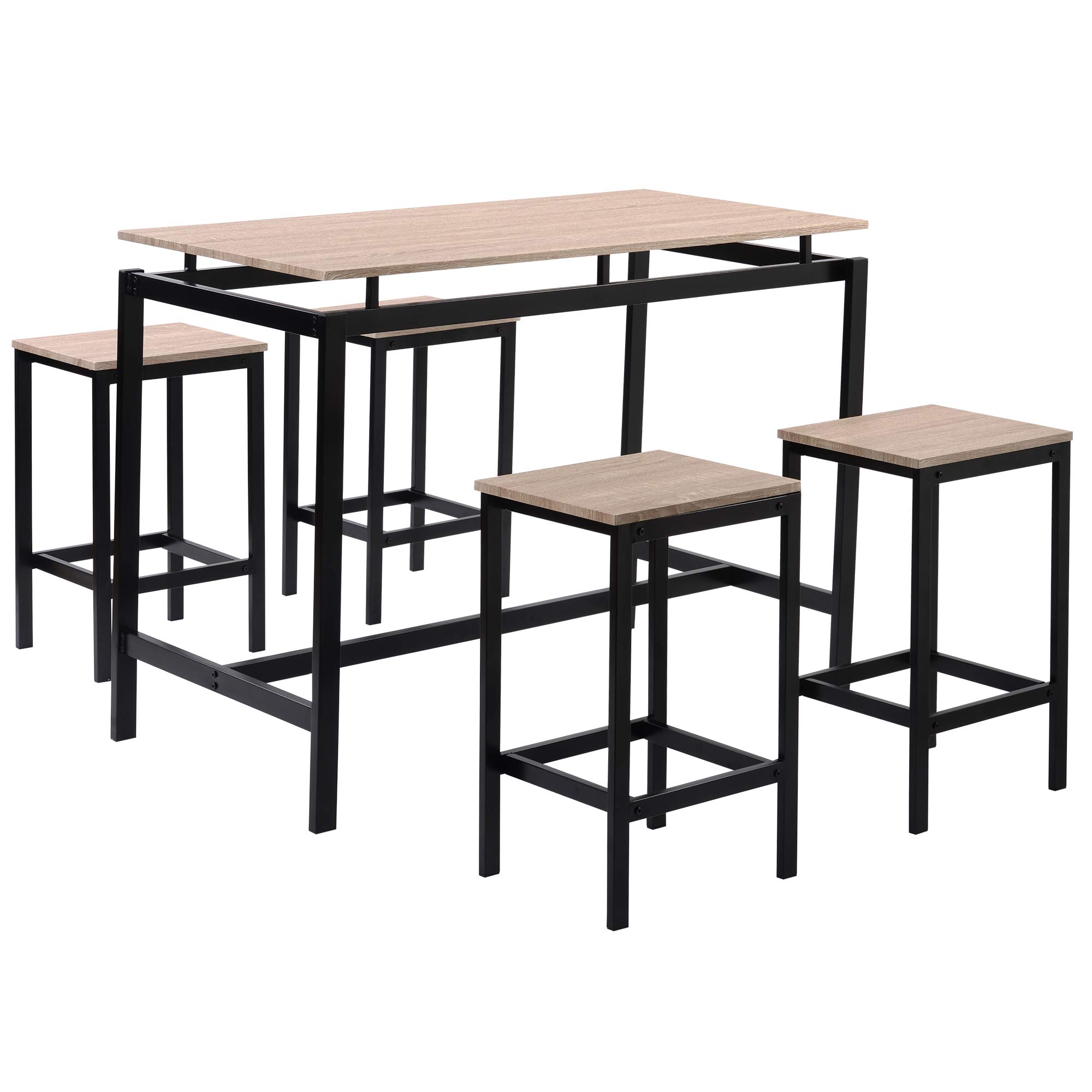 5-Piece Industrial Oak Dining Table Set with Chairs for 4 - Counter Height Bar Table & Kitchen Breakfast Nook Set - Perfect for Small Spaces, Apartments, Restaurants & Modern Home Decor