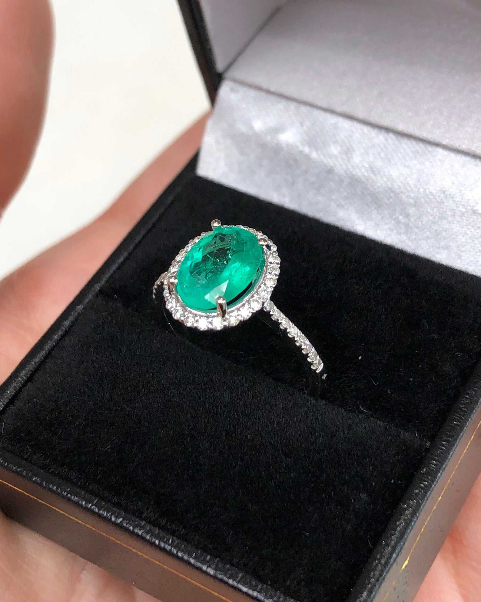 2.31tcw Natural Emerald Oval & Diamond Halo Engagement Ring 14K White Gold - Elegant Wedding Jewelry for Proposal, Anniversary & Special Occasions