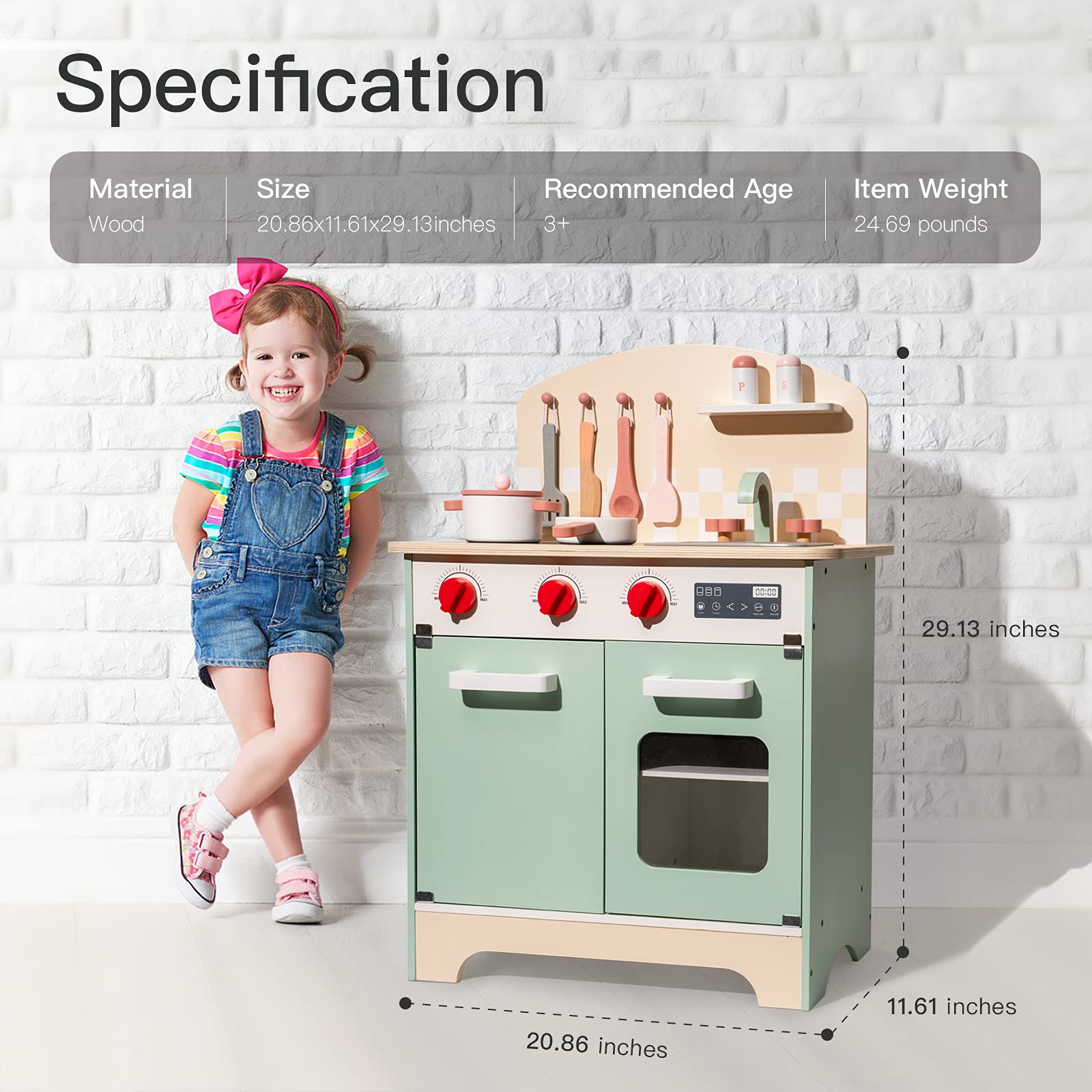ROBOTIME Wooden Play Kitchen Toy Set for Kids Ages 3-8 - Realistic Pretend Chef Cooking Playset with Utensils for Toddlers & Preschoolers (Green) | Pretend Play, Birthday Gift, Daycare Learning Activity