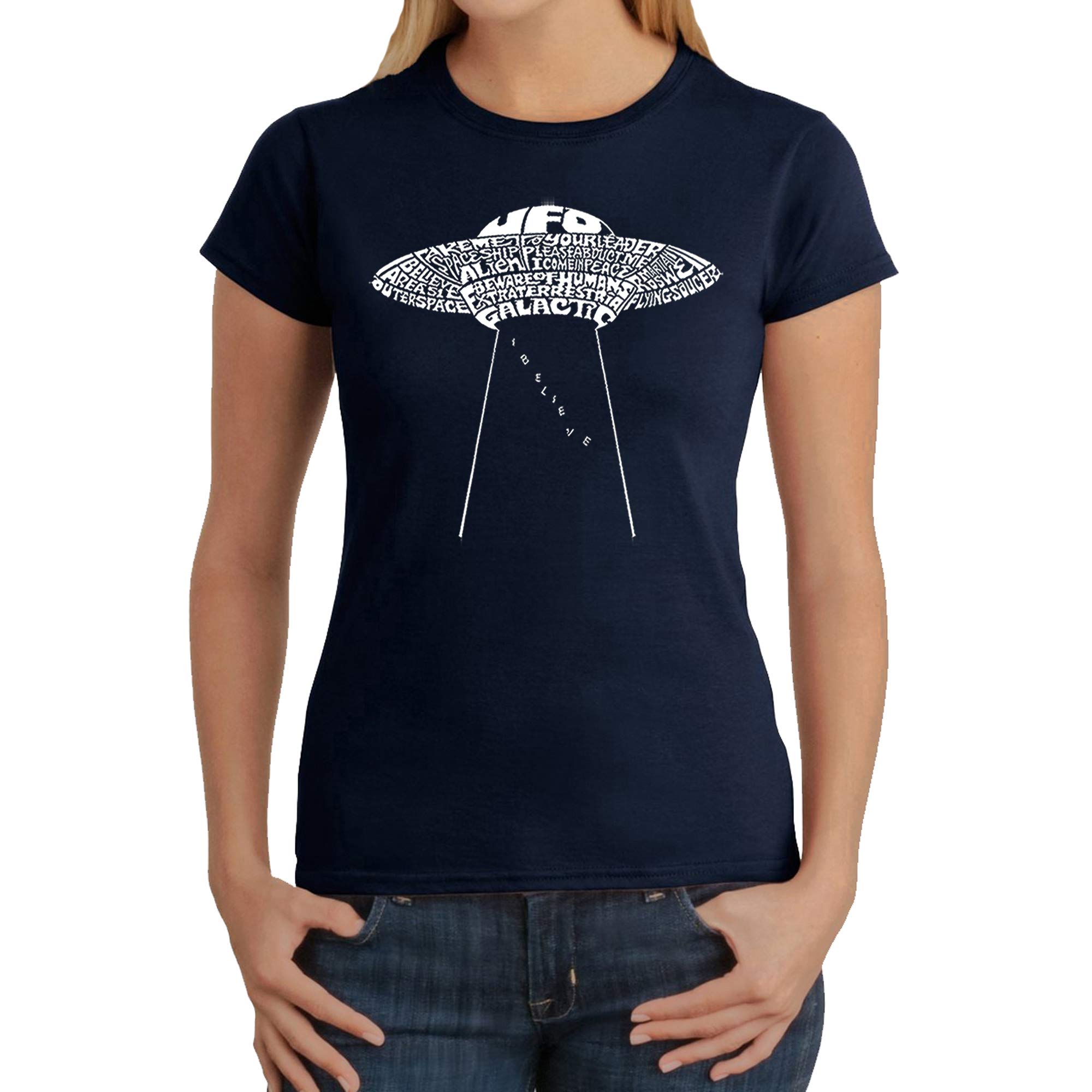LA POP ART Women's Word Art Graphic Tee - Flying Saucer UFO Design | Trendy Casual T-Shirt for Women | Perfect for Streetwear, Concerts & Everyday Fashion