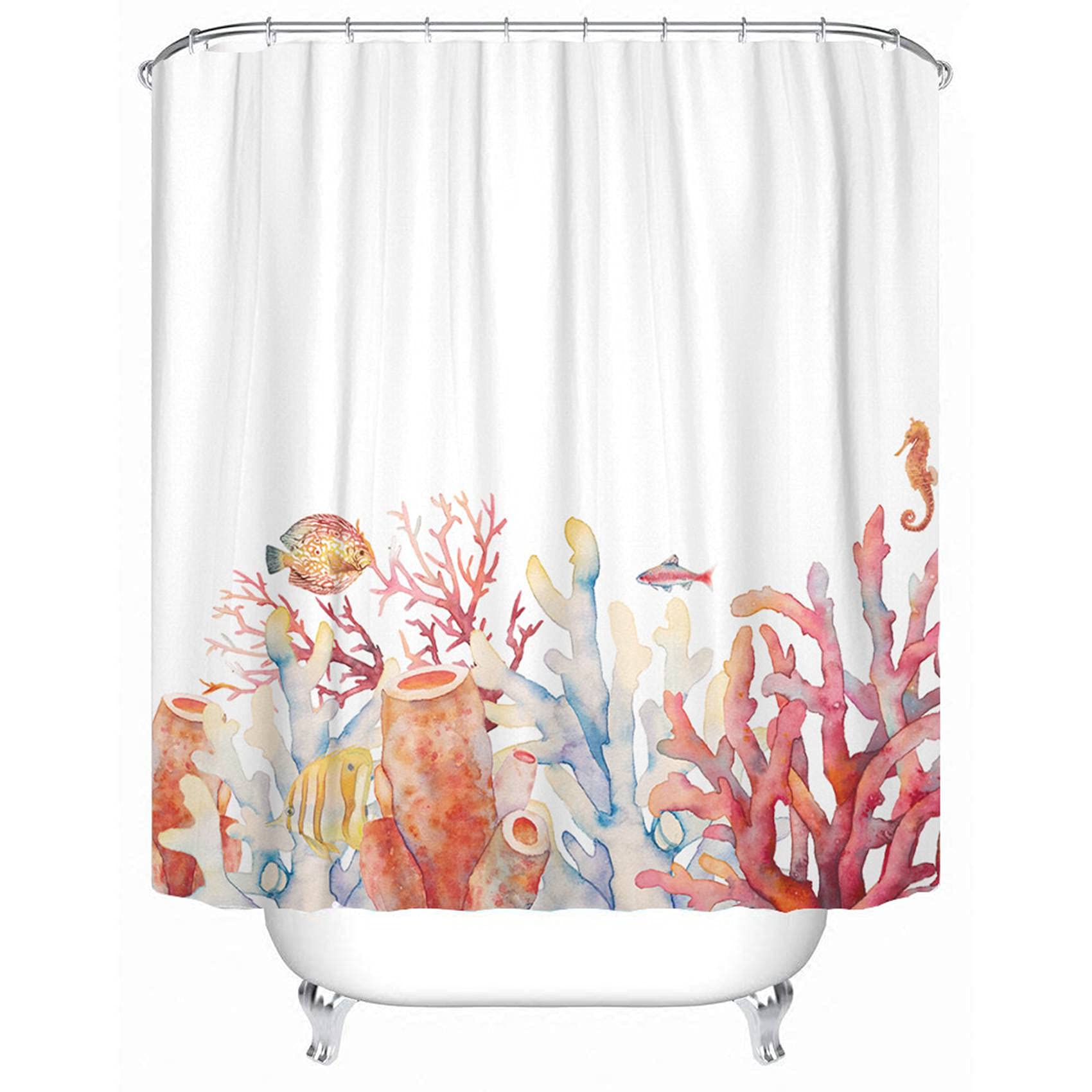 Emvency Nautical Theme Watercolor Coral Shower Curtain Set with Hooks - Underwater Sea Horse & Fish Design on White Background - Extra Long 72x84 Inch Waterproof Bathroom Decor for Coastal, Beach, or Ocean Themed Bathrooms