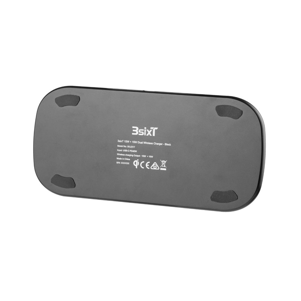 3sixT 15W + 15W Fast Wireless Charging Pad with 45W Power Adapter - Dual Qi-Certified Charging Station for iPhone 15/14/13, Samsung Galaxy S23/S22 - Perfect for Bedside, Office & Travel (Black)