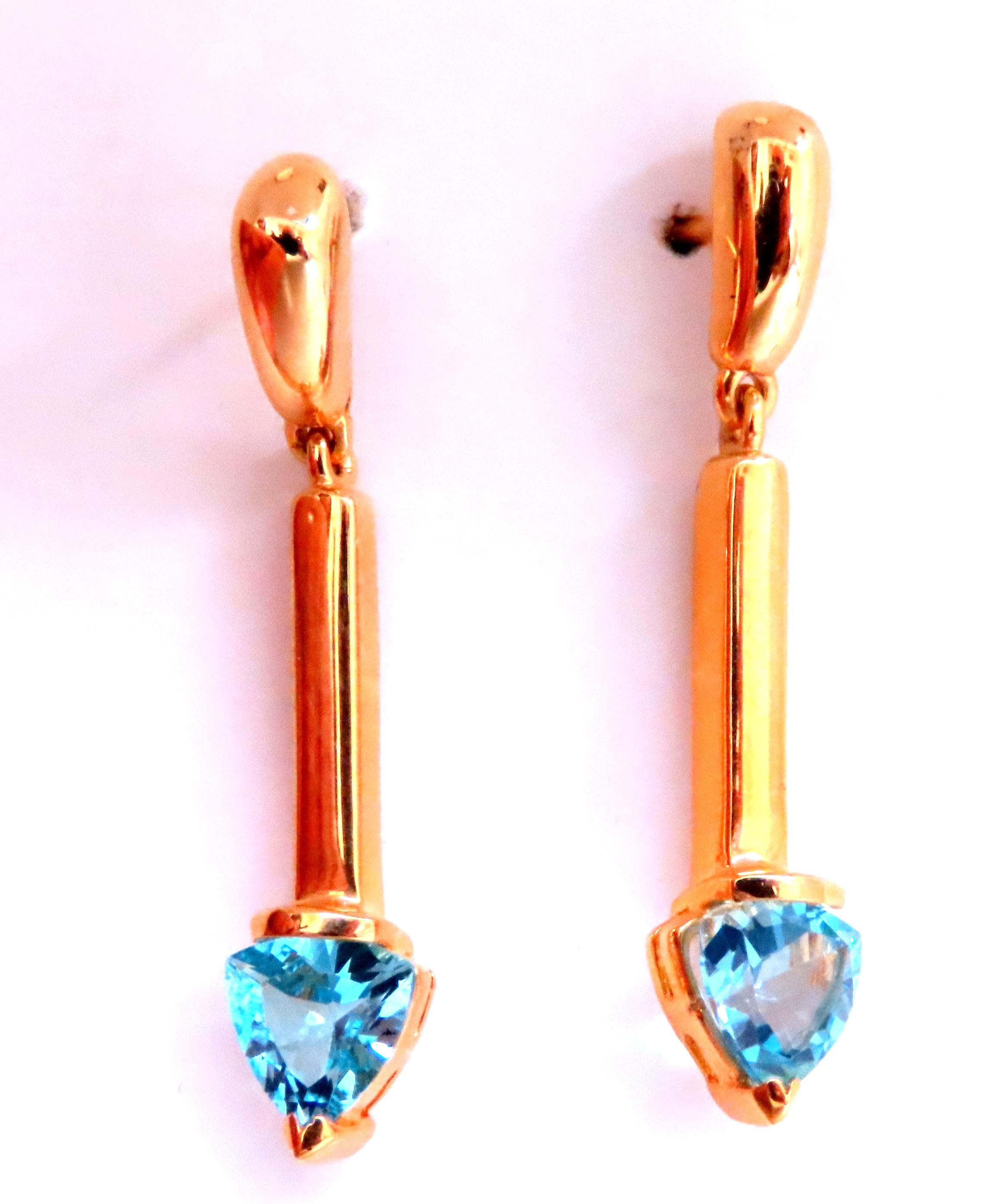 Natural Trilliant Swiss Blue Topaz Dangle Earrings in 14kt Gold - Elegant Jewelry for Women, Perfect for Weddings, Parties & Special Occasions