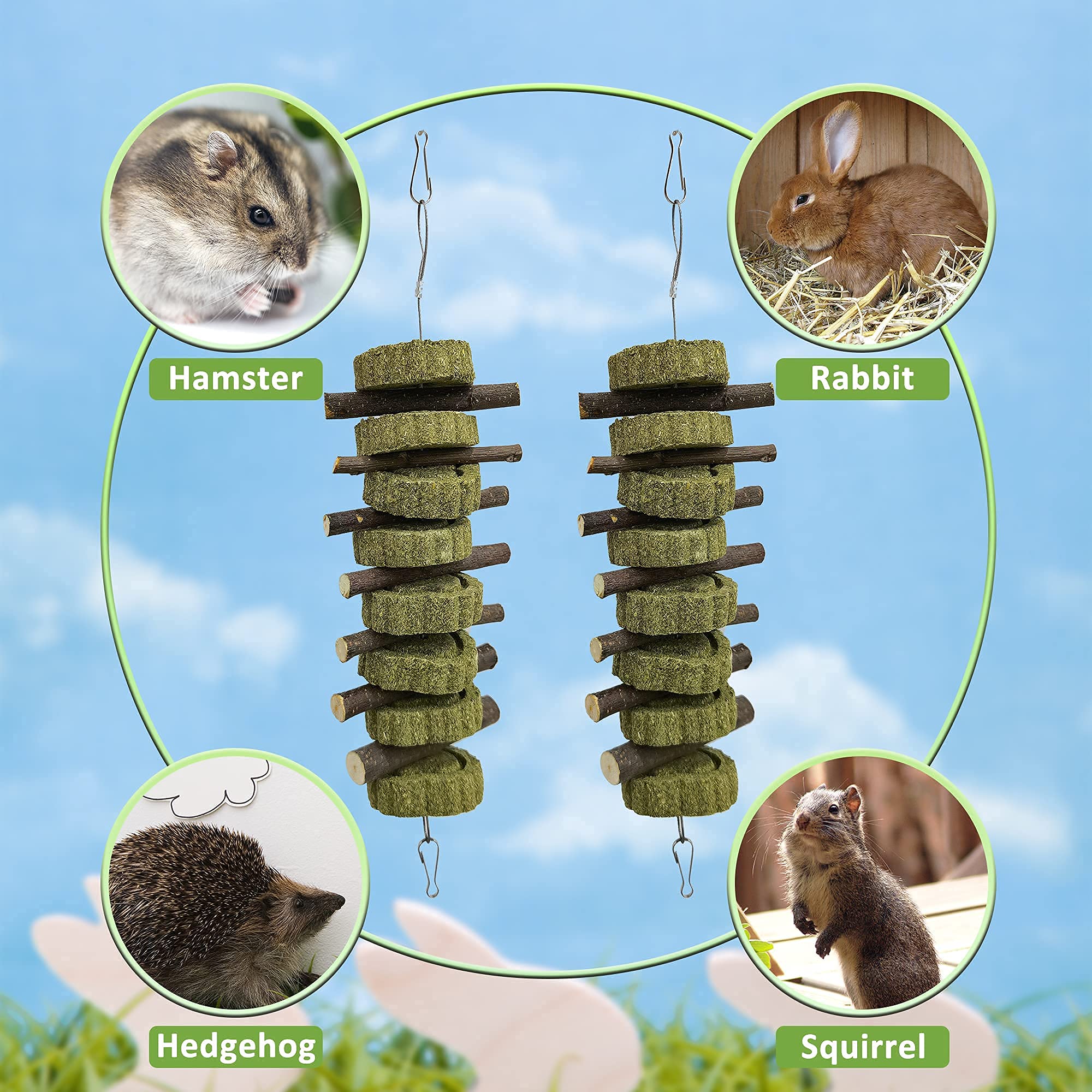 Arespack 2-Pack Rabbit Chew Toys for Small Pets - Organic Apple Wood & Timothy Hay Chew Sticks for Hamsters, Guinea Pigs, Chinchillas, Squirrels | Teeth Grinding Toys for Bunnies, Gerbils & Parrots - Perfect for Cage Enrichment & Dental Health