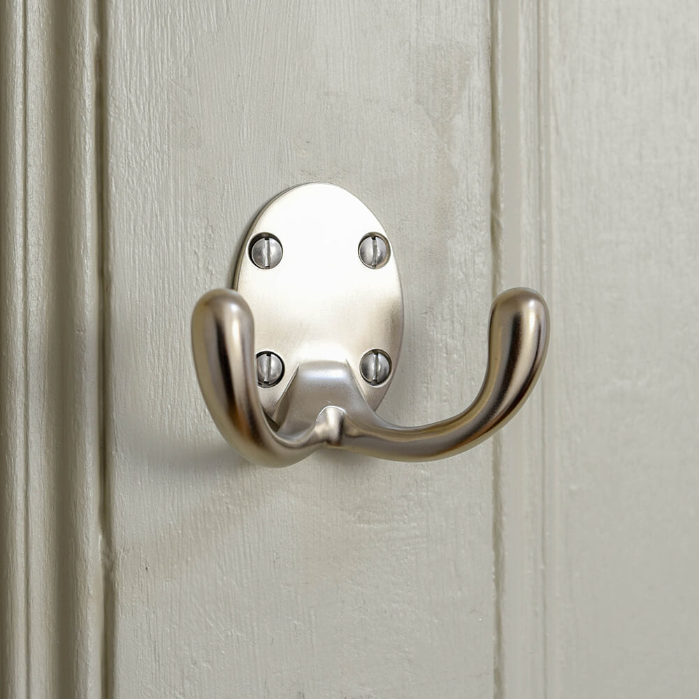 Premium Satin Nickel Double Wardrobe Hook - Heavy Duty Large Coat Hanger for Closet, Bathroom & Entryway Organization