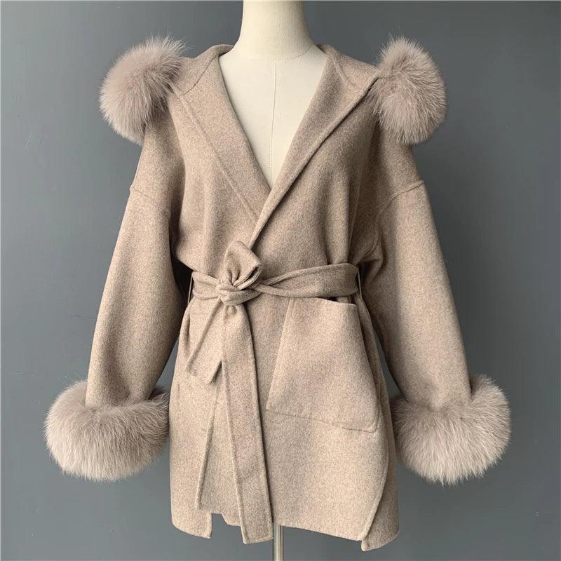 Luxury Women's Winter Coat with Real Fox Fur Hood & Cuffs - 100% Natural Fur, Cashmere Wool Blend, Oversized Loose Fit Jacket for Cold Weather - Perfect for Snowy Days, Outdoor Activities & Fashionable Winter Outfits