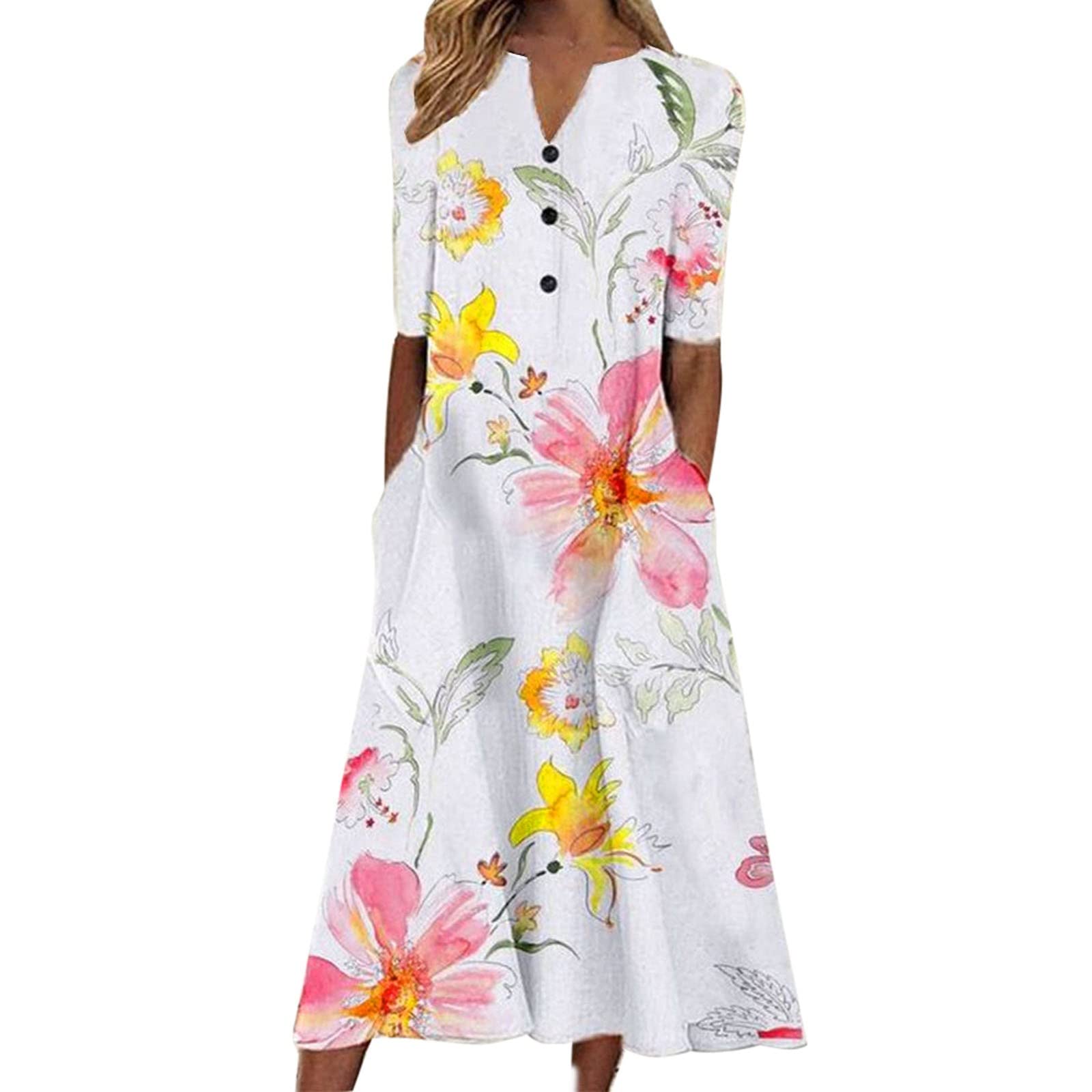 Women's Floral Print Summer Casual Midi Dress - Short Sleeve Button Up V-Neck Flowy Party Dress | Perfect for Beach Vacations, Garden Parties & Date Nights