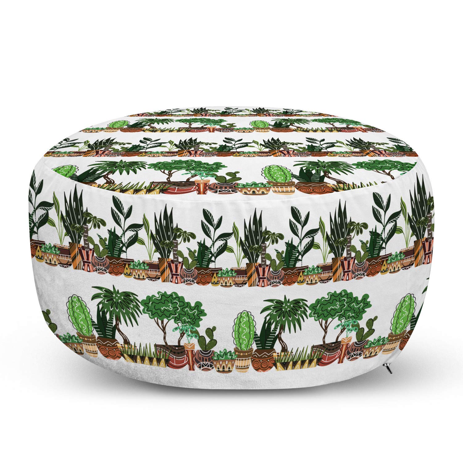 Ambesonne Botanic Ottoman Pouf with Exotic House Plants & Cactus Succulents Design - Soft Foot Rest Stool with Removable Cover for Living Room, Bedroom - Olive Green Brown Ethnic Tribal Decor - Perfect for Relaxing, Reading Nook & Home Decor Accent