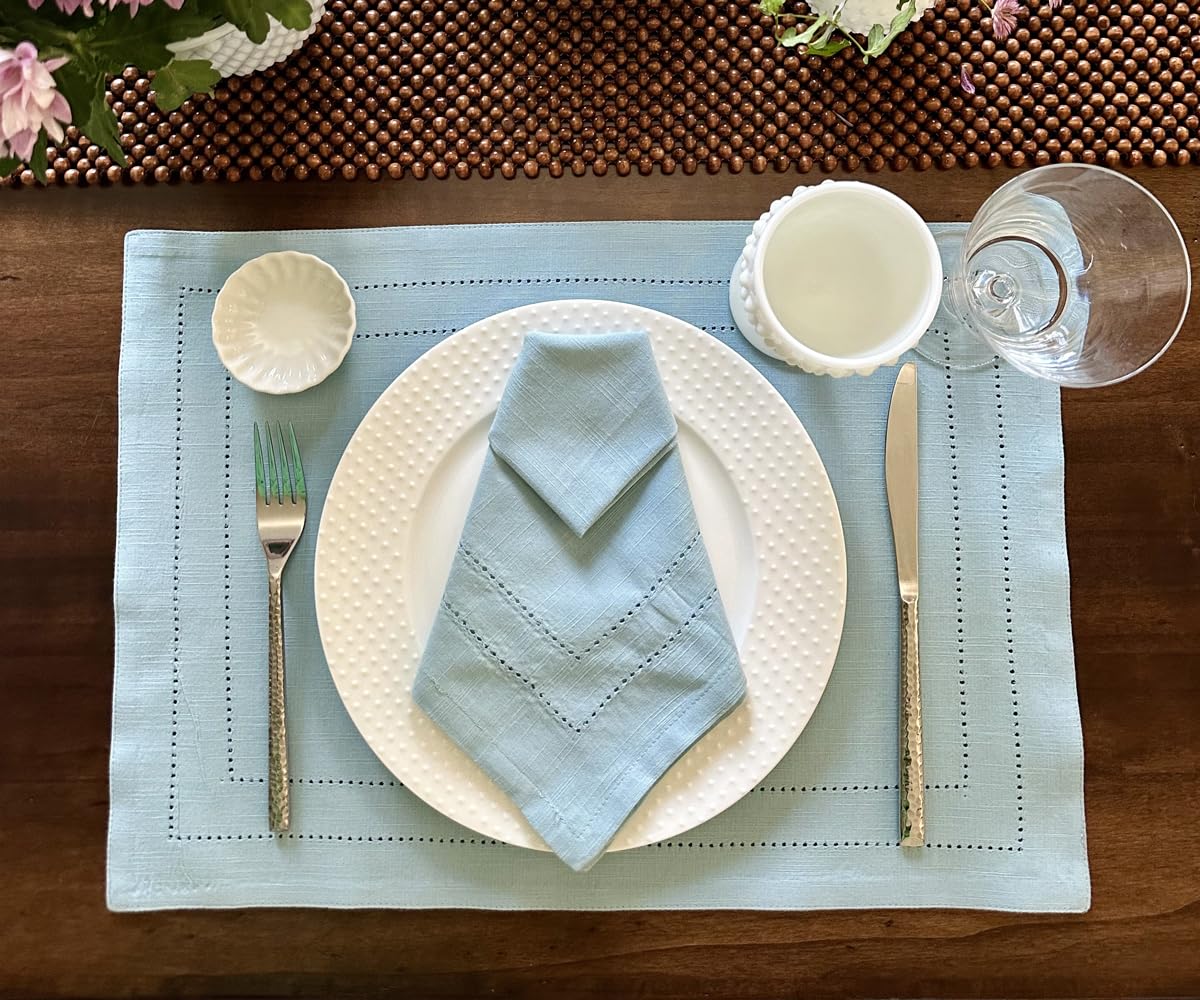 Premium Blue Cotton Placemats Set of 6 - Double Hemstitched, Washable & Soft Woven Table Mats for Kitchen & Dining (13x18 Inches) - Perfect for Everyday Meals, Dinner Parties & Holiday Decor