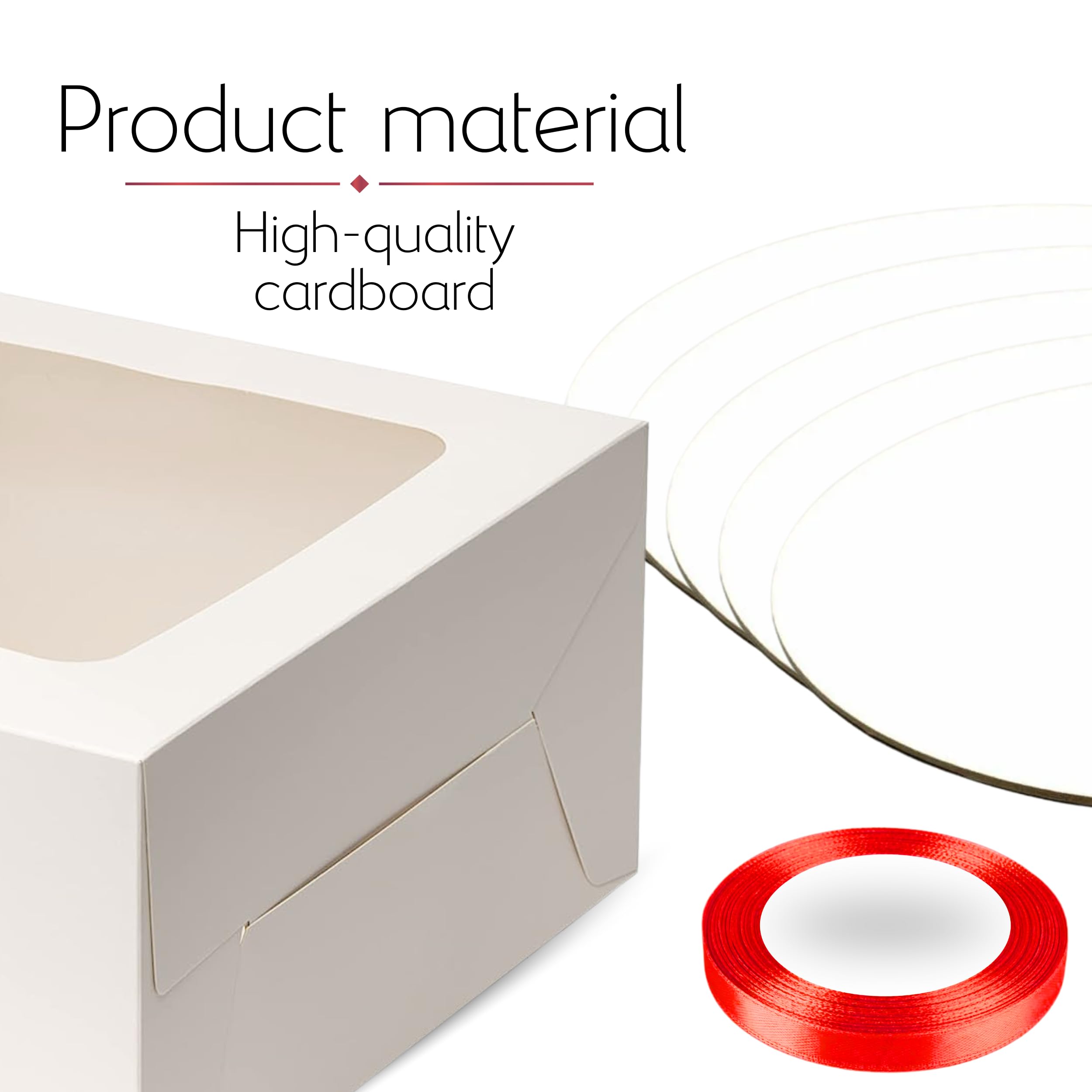 BELMAKS 10 Inch Cake Box Set - Disposable Bakery Boxes with Clear Window, Lids & Red Ribbons | Includes 10 Inch Cake Drum & Cake Board | Perfect for Birthday Cakes, Wedding Desserts & Bakery Display