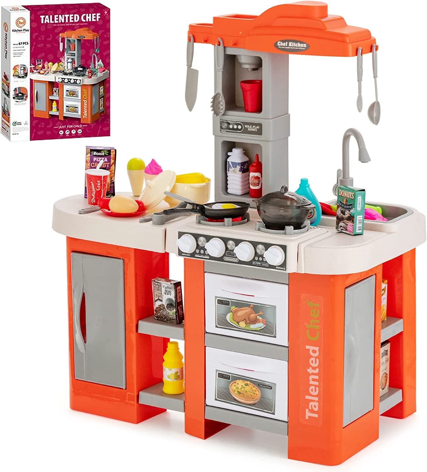 HONEY JOY Kids Kitchen Playset - Large Plastic Play Kitchen with Realistic Lights, Sounds, Music, Running Water & Steam | 67 Pcs Cooking Accessories | Pretend Play Toy for Toddlers & Preschoolers | Perfect Gift for Boys & Girls | Indoor & Outdoor Imaginative Play