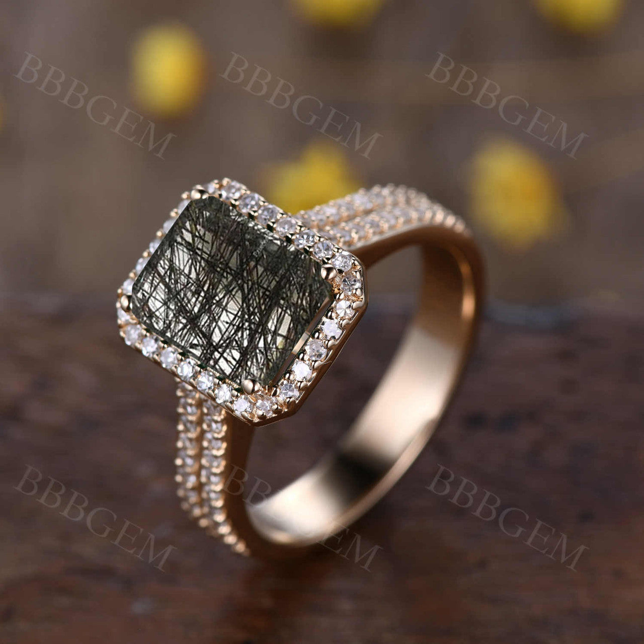Natural Black Rutilated Quartz Engagement Ring 8X10mm Emerald Cut with Diamond Halo in Rose Gold - Perfect for Proposals, Anniversaries & Special Occasions