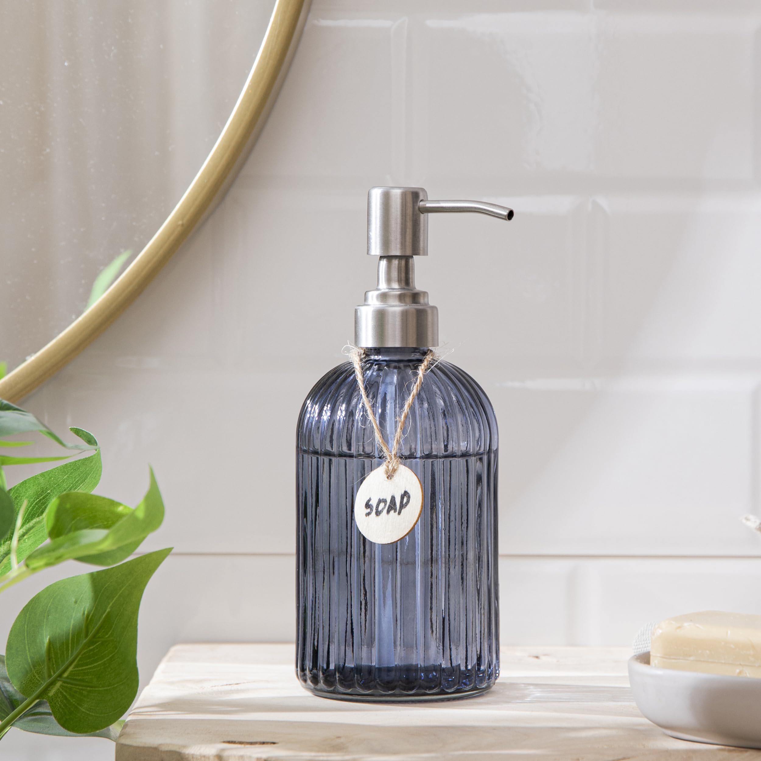16 Oz Glass Soap Dispenser with 304 Stainless Steel Pump - Refillable Liquid Hand Soap Dispenser for Kitchen, Bathroom, Farmhouse Decor - Elegant Blue Grey Vertical Grain Design - Perfect for Home, Office, and Restaurant Use