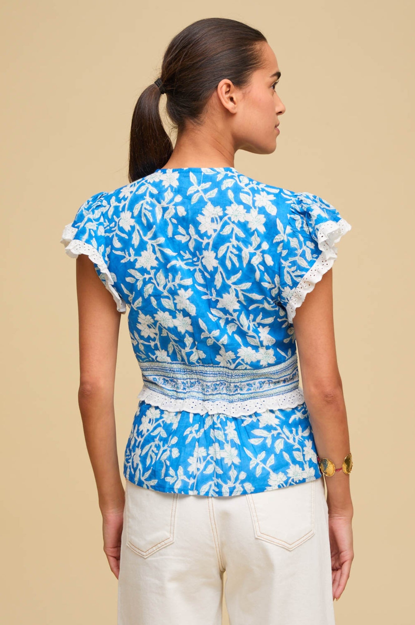 Pippa Block Print Top | Japanese Flower Cobalt Blue Women's Blouse | Perfect for Casual Wear, Summer Outfits & Boho Fashion