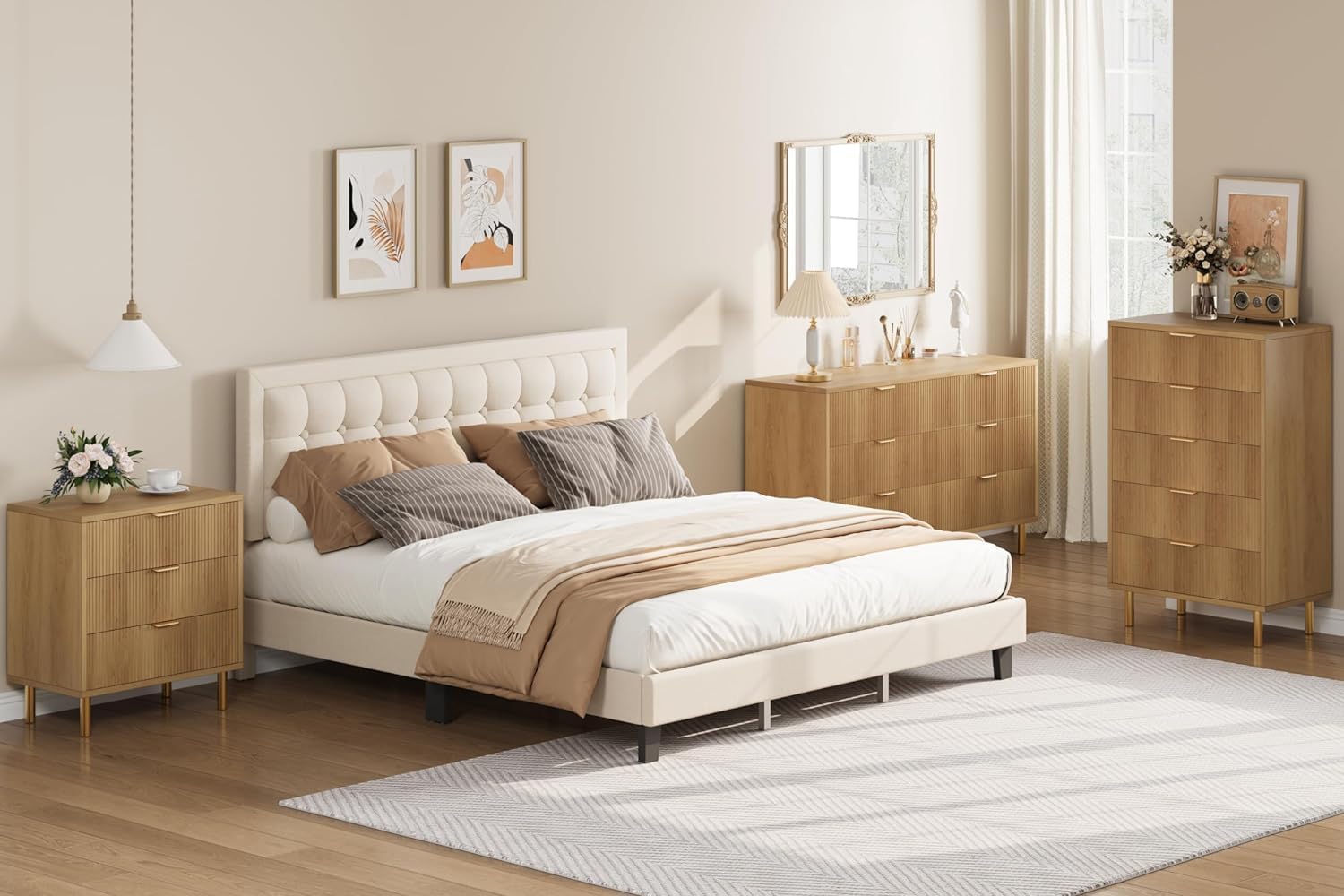 Modern 6-Drawer Wood Dresser with Gold Handles - Natural Finish Double Chest Storage Organizer for Bedroom, Living Room, Hallway & Entryway - Perfect for Home Organization and Stylish Decor