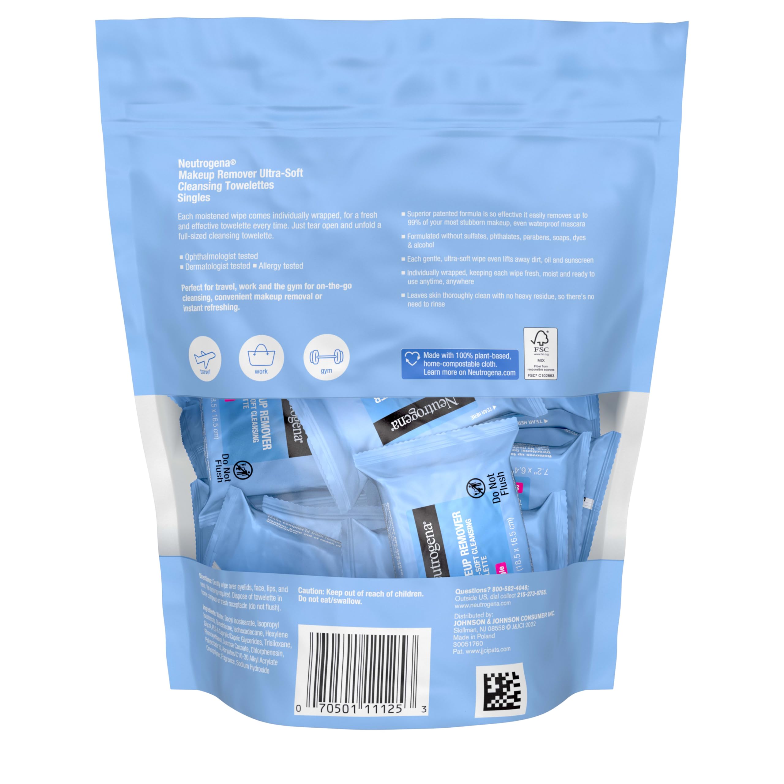 Neutrogena Makeup Remover Wipes Singles - 20 Individually Wrapped Facial Cleansing Towelettes | Alcohol-Free, Gently Removes Oil & Makeup | Perfect for Travel, Gym & On-the-Go Skincare